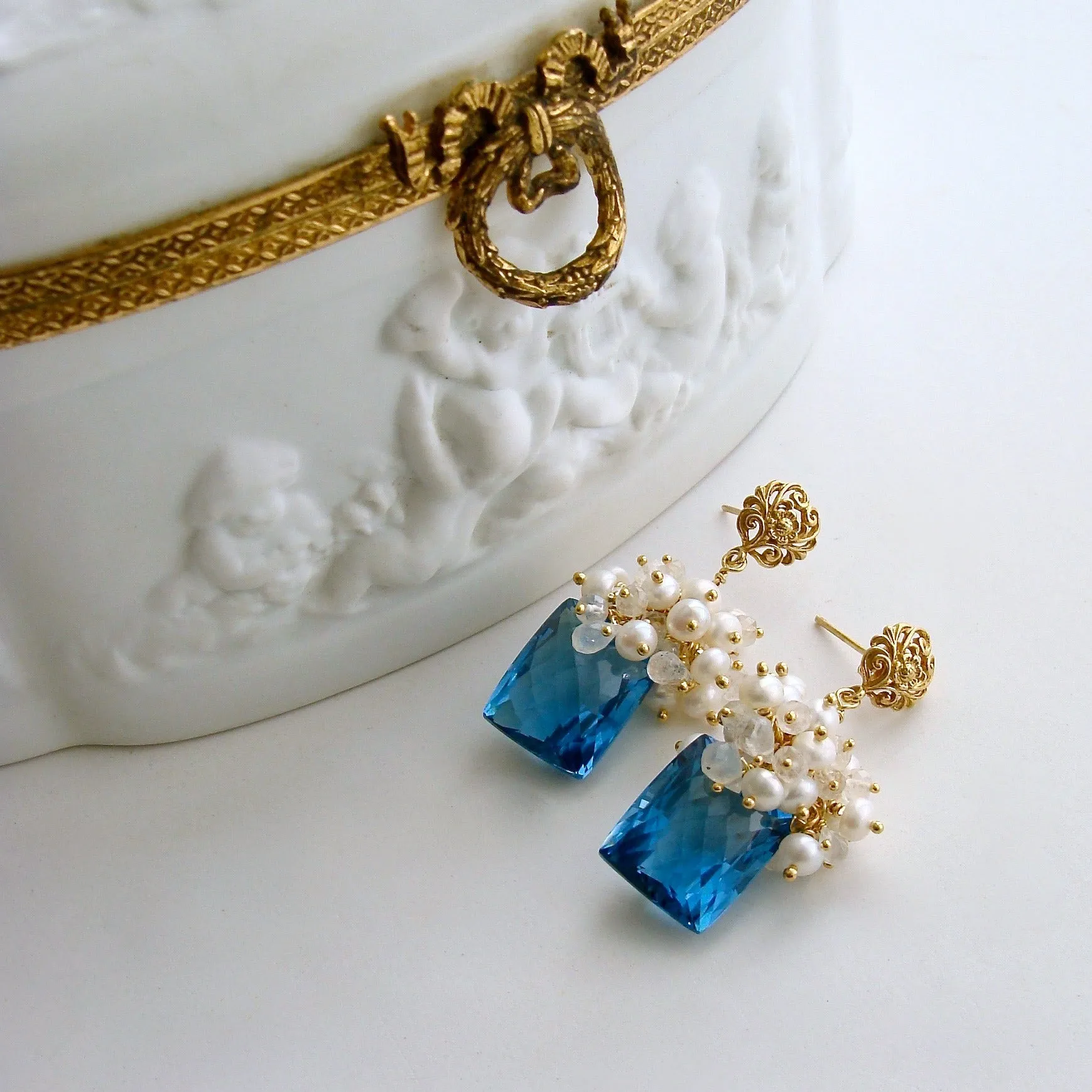 London Blue Topaz Seed Pearls Moonstone Cluster Earrings - Dione V Earrings
