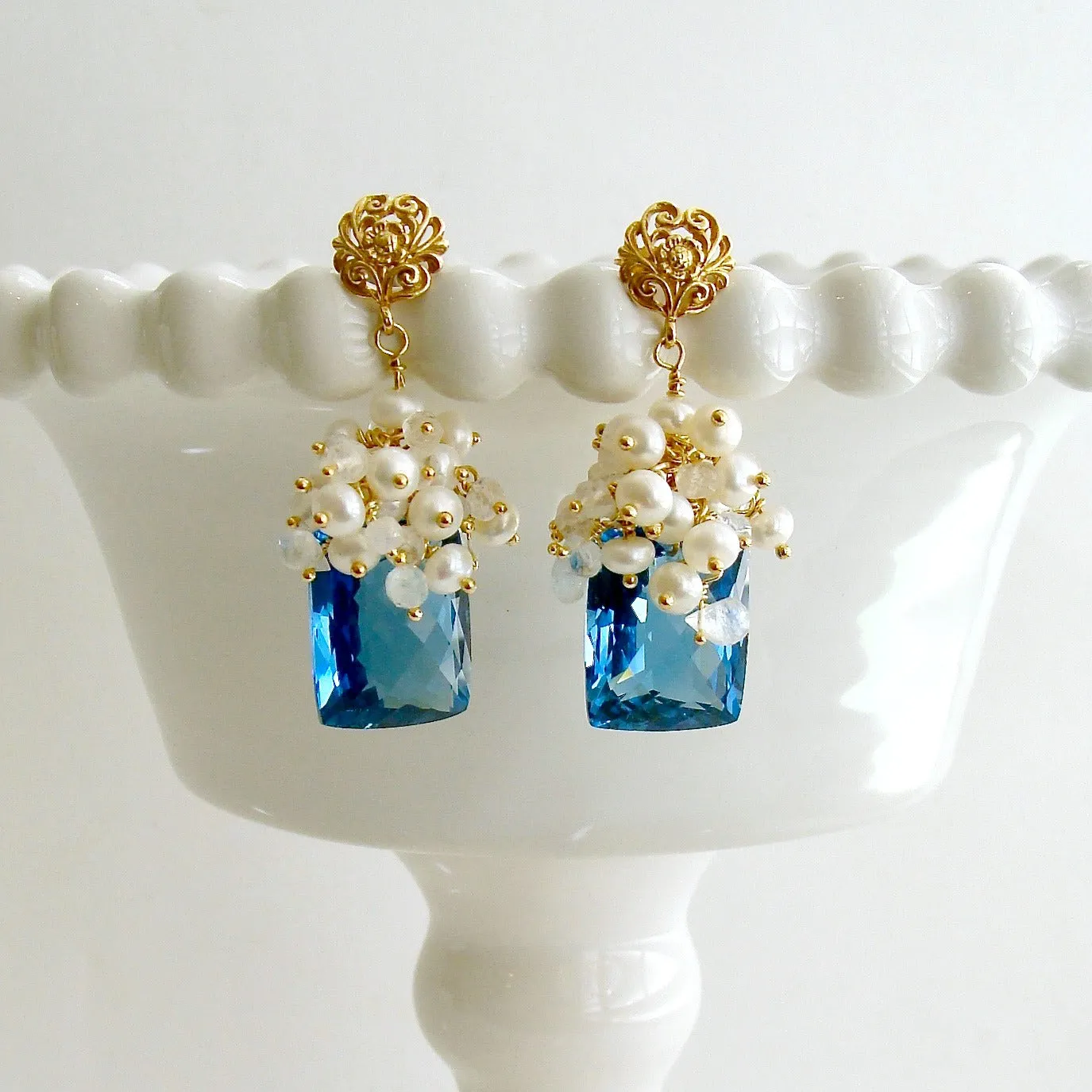 London Blue Topaz Seed Pearls Moonstone Cluster Earrings - Dione V Earrings