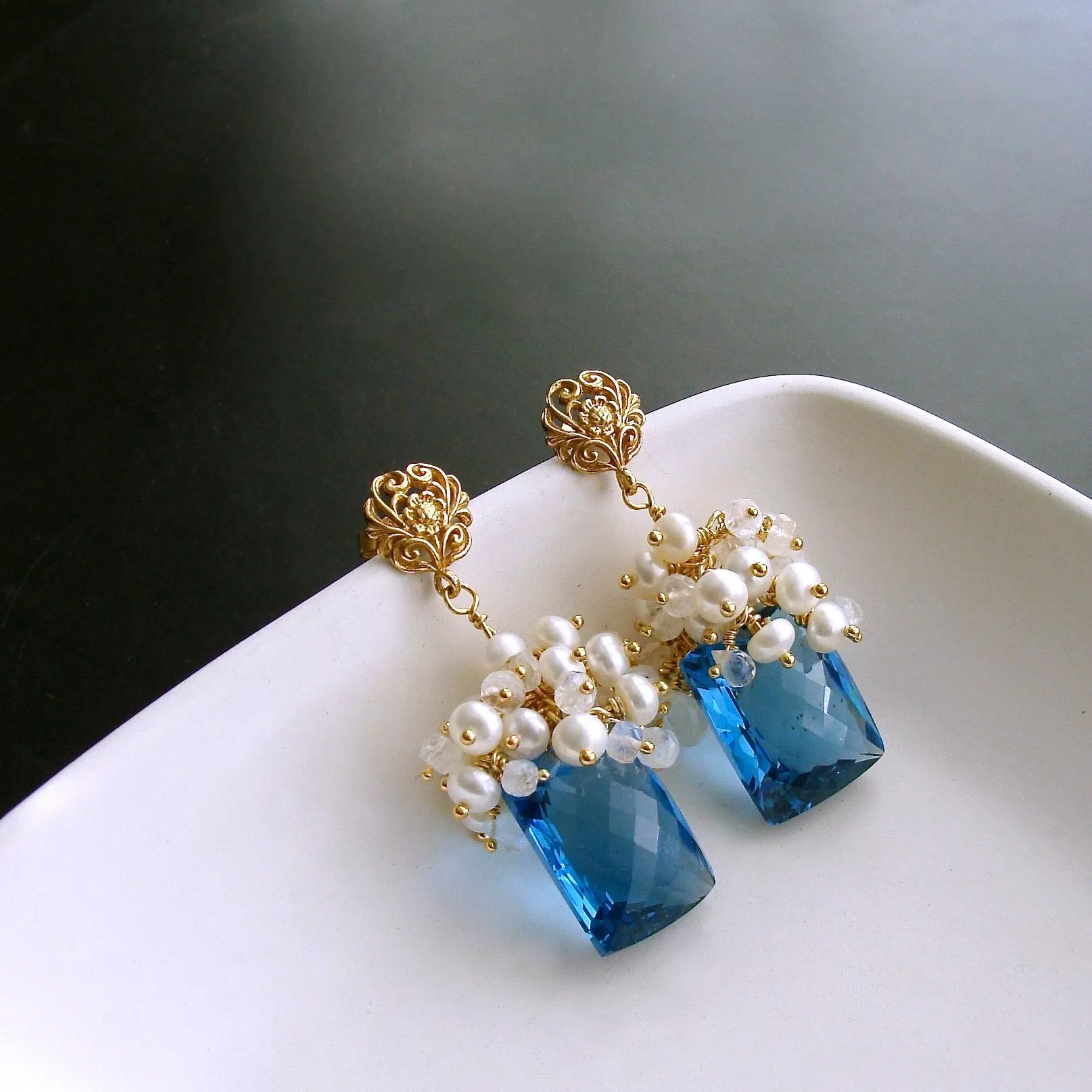 London Blue Topaz Seed Pearls Moonstone Cluster Earrings - Dione V Earrings