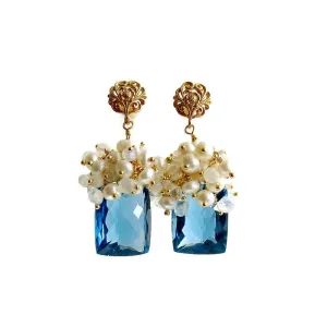 London Blue Topaz Seed Pearls Moonstone Cluster Earrings - Dione V Earrings