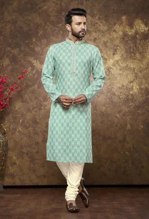 Men Teal Geometric Digital Print Poly Cotton Kurta Pyjama