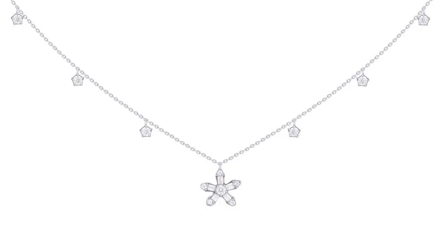 Mini Diamond Baguette Flower Station Dangle Necklace