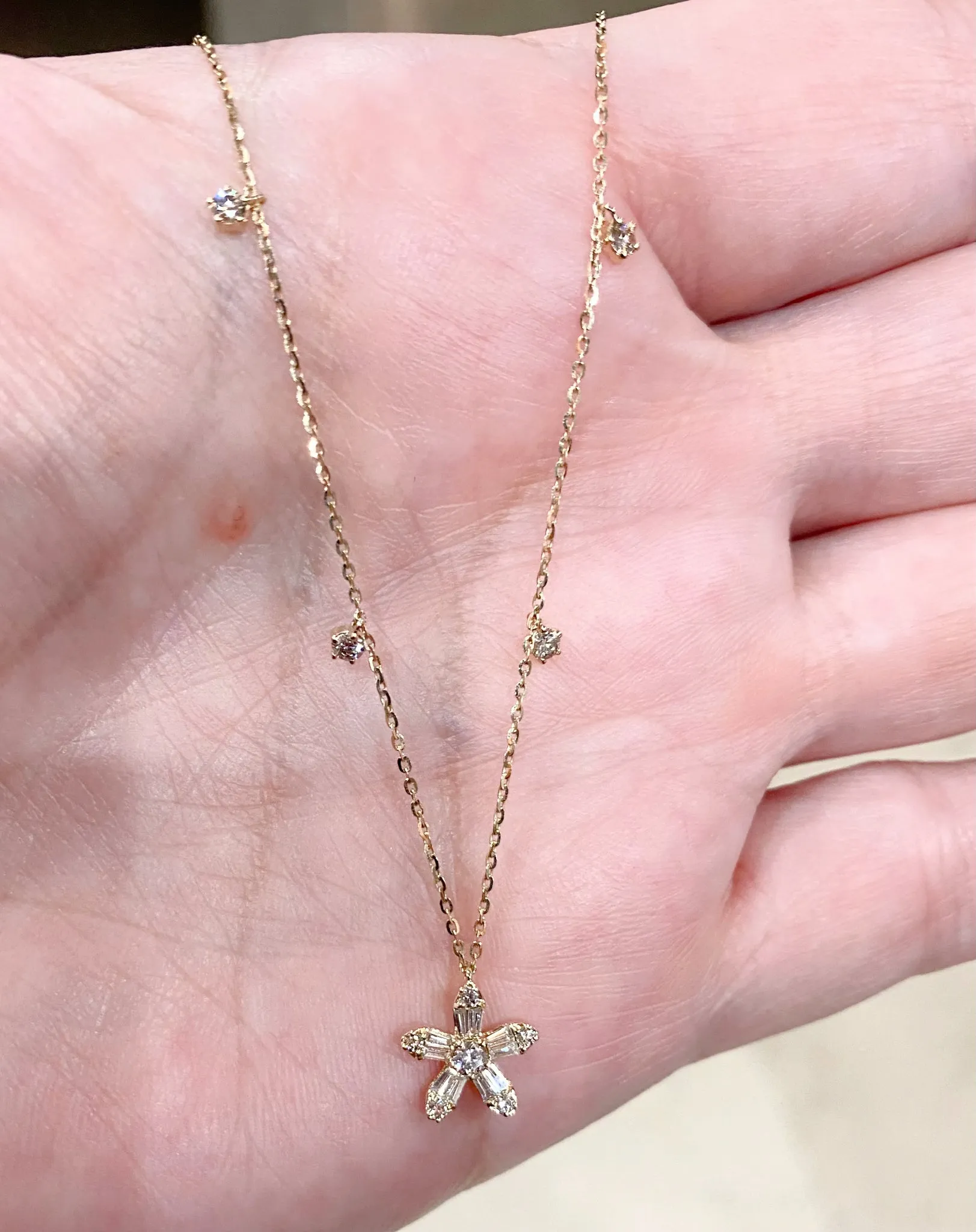 Mini Diamond Baguette Flower Station Dangle Necklace
