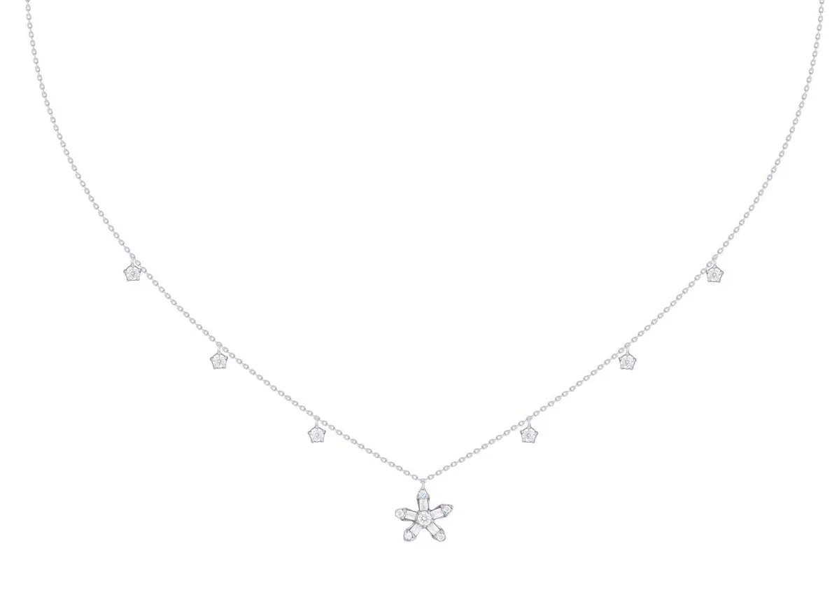 Mini Diamond Baguette Flower Station Dangle Necklace