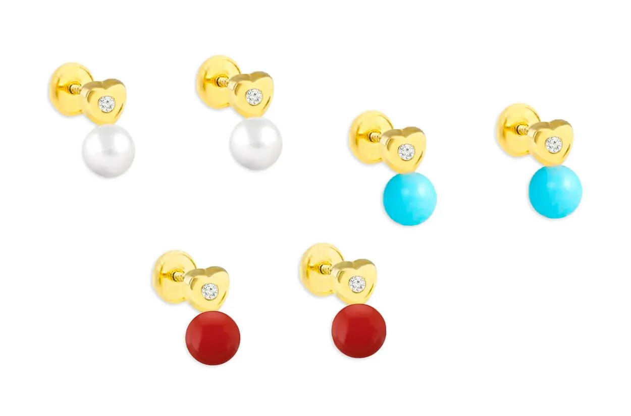 Mini Earrings 18kt Gold Heart Center Diamonds & Drop Studs