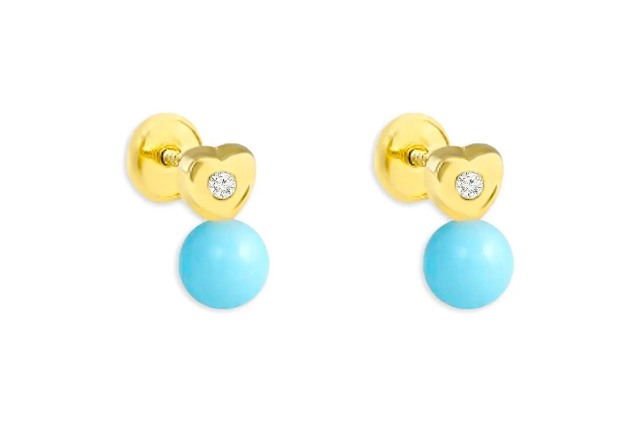 Mini Earrings 18kt Gold Heart Center Diamonds & Drop Studs