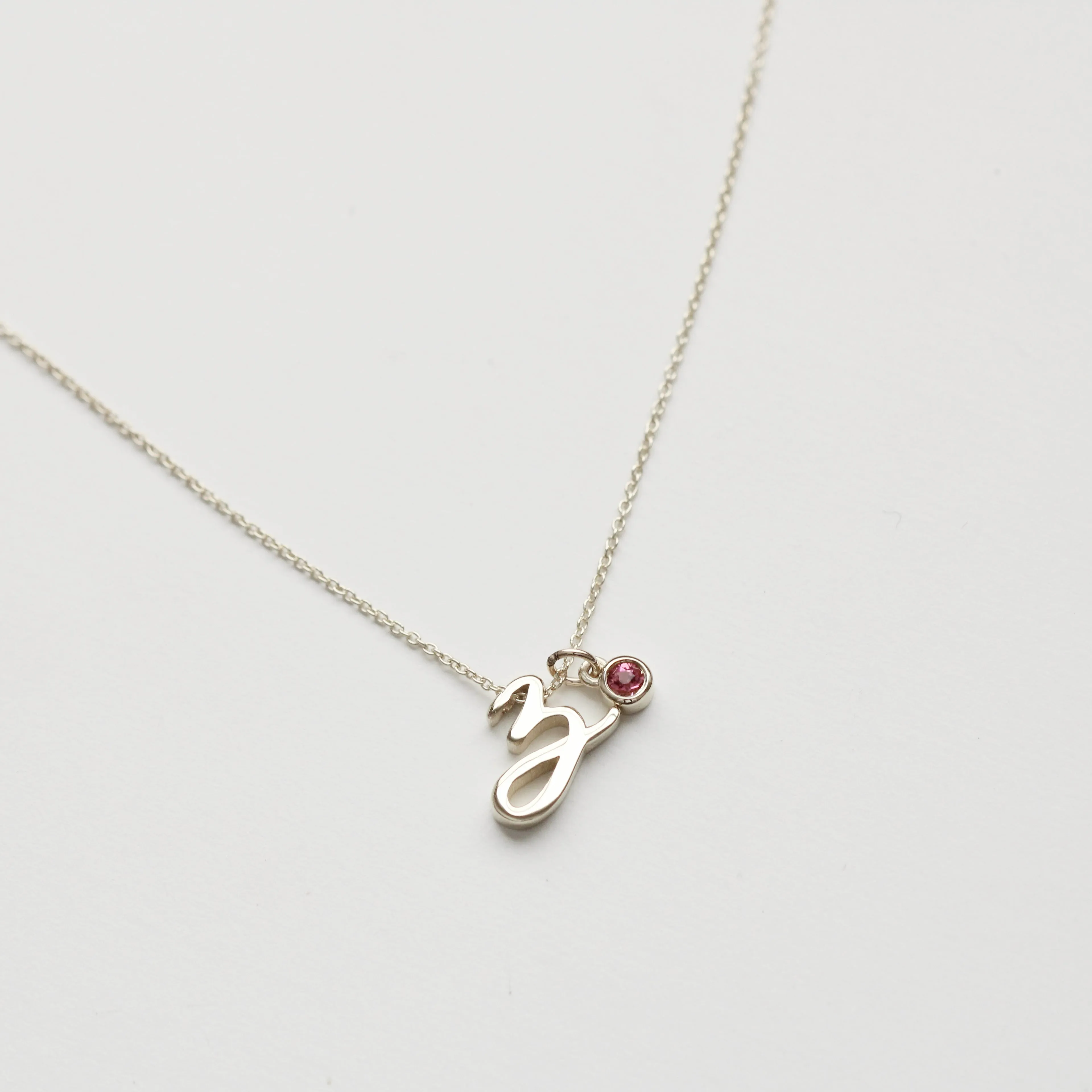 Mini Love Letter Necklace with Dangly Bezel Birthstone (White Gold)