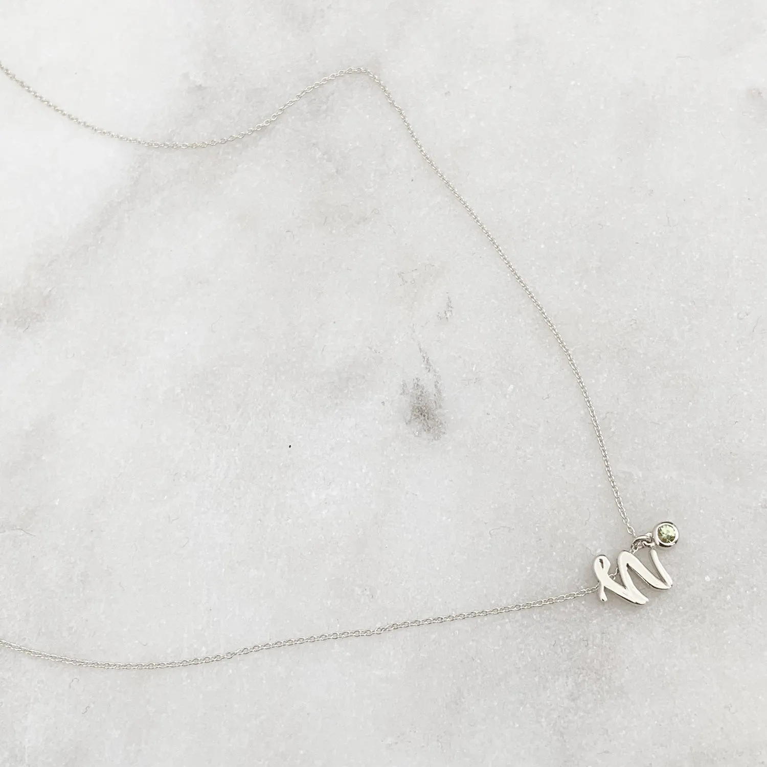 Mini Love Letter Necklace with Dangly Bezel Birthstone (White Gold)
