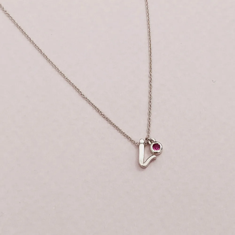 Mini Love Letter Necklace with Dangly Bezel Birthstone (White Gold)