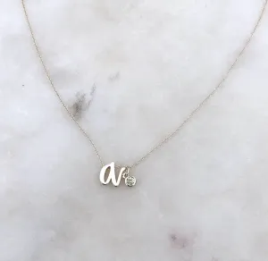Mini Love Letter Necklace with Dangly Bezel Birthstone (White Gold)