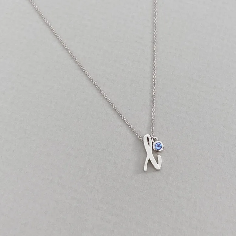 Mini Love Letter Necklace with Dangly Bezel Birthstone (White Gold)