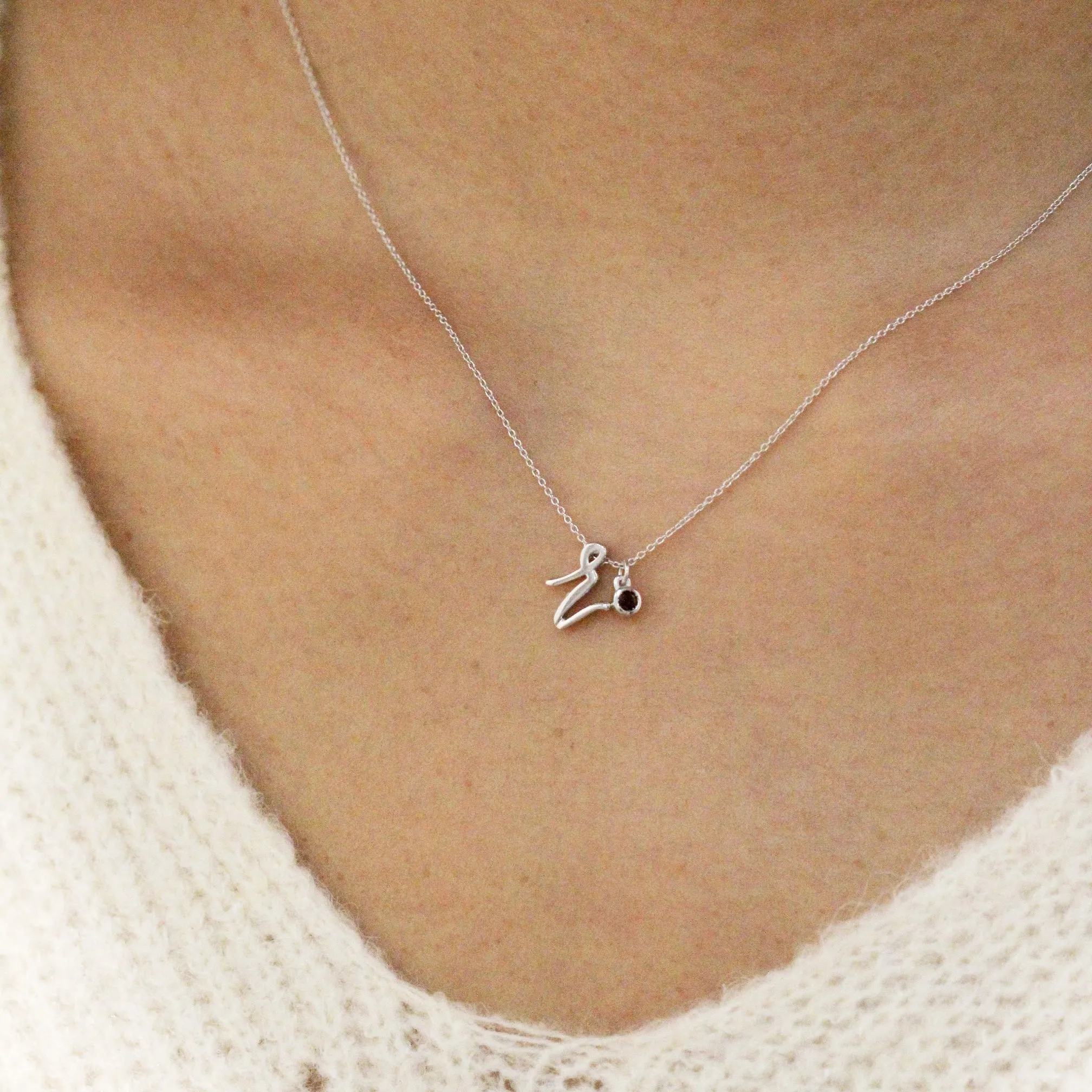 Mini Love Letter Necklace with Dangly Bezel Birthstone (White Gold)
