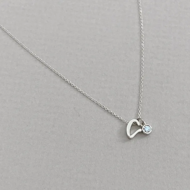 Mini Love Letter Necklace with Dangly Bezel Birthstone (White Gold)