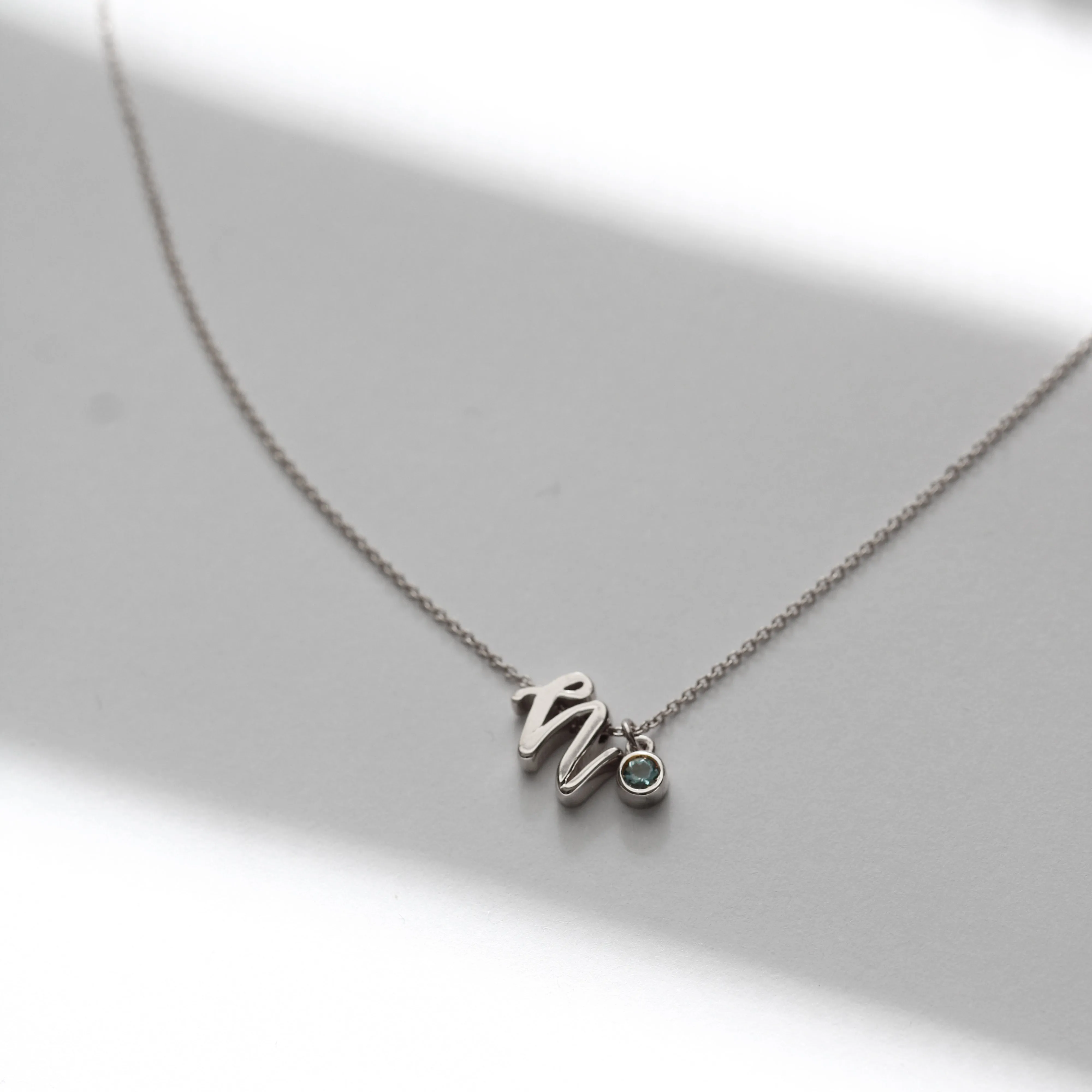Mini Love Letter Necklace with Dangly Bezel Birthstone (White Gold)