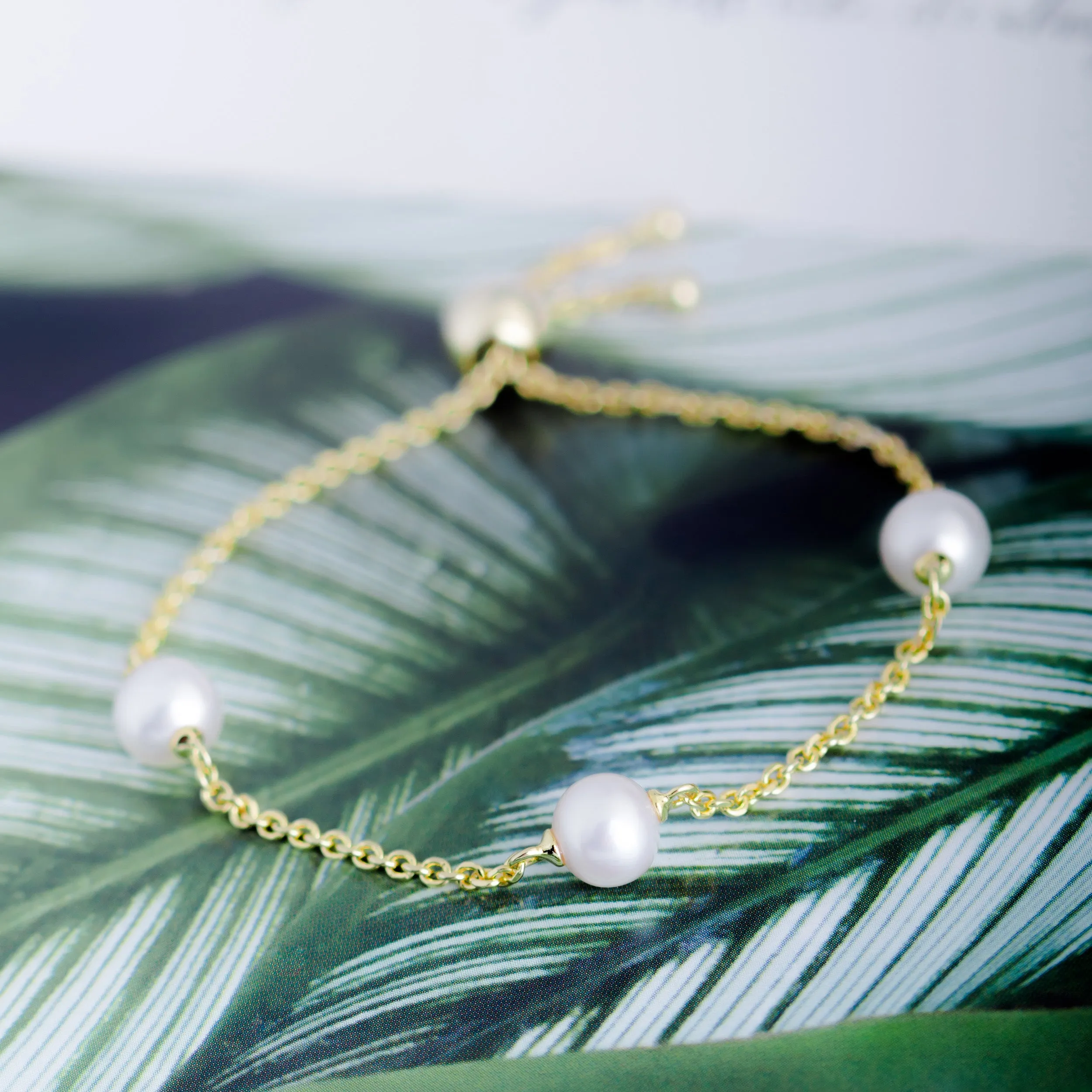 Molah Silver Gold Plated Freshwater Pearl and Cubic Zirconia Bolo Adjustable Bracelet