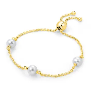Molah Silver Gold Plated Freshwater Pearl and Cubic Zirconia Bolo Adjustable Bracelet