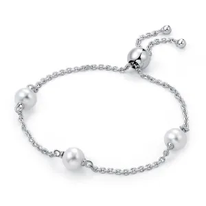 Molah Silver Rhodium Plated Freshwater Pearl and Cubic Zirconia Bolo Adjustable Bracelet