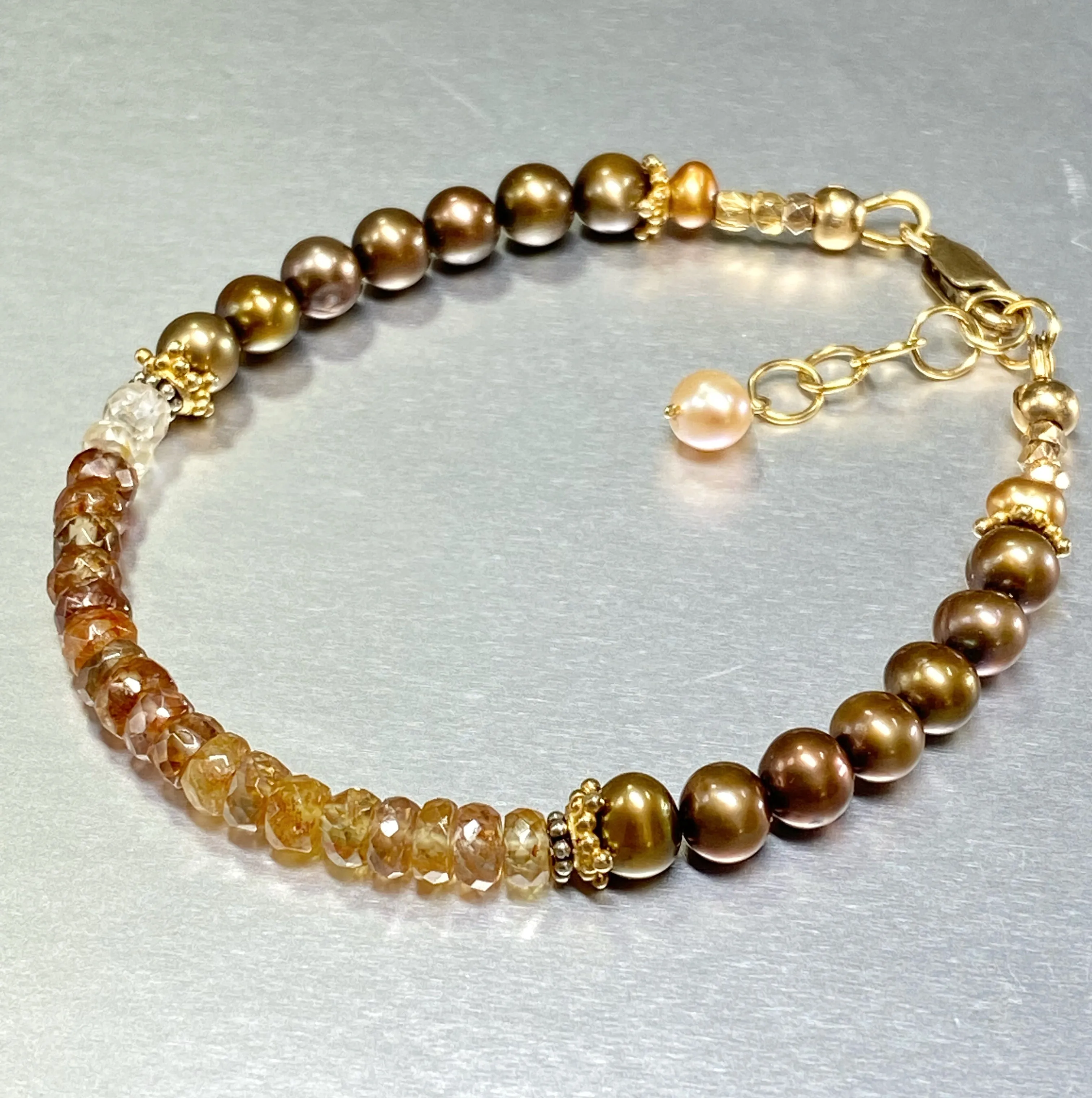 Natural Zircon Gemstone Golden Pearl Dainty Bracelet Gold Fill