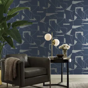 Navy & Silver Abstract Geo Wallpaper (60 SqFt)