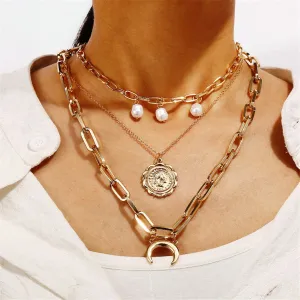 Pearl & 18K Gold-Plated Moon Coin Layer Necklace