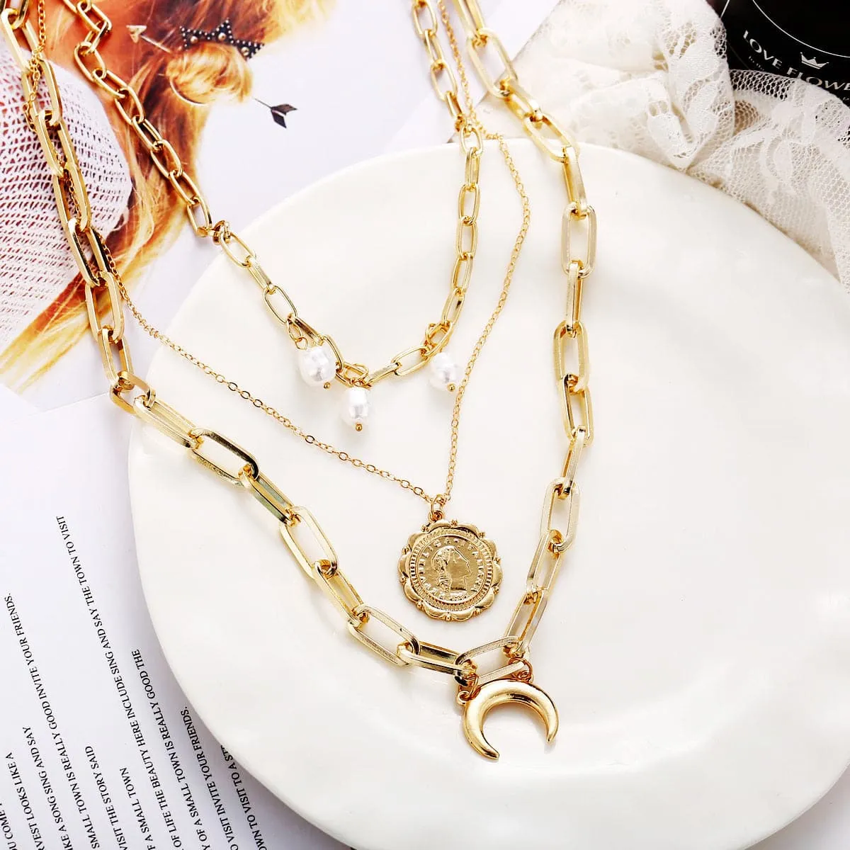 Pearl & 18K Gold-Plated Moon Coin Layer Necklace