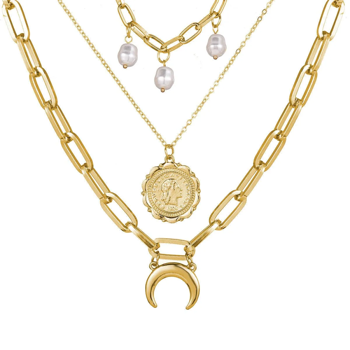 Pearl & 18K Gold-Plated Moon Coin Layer Necklace