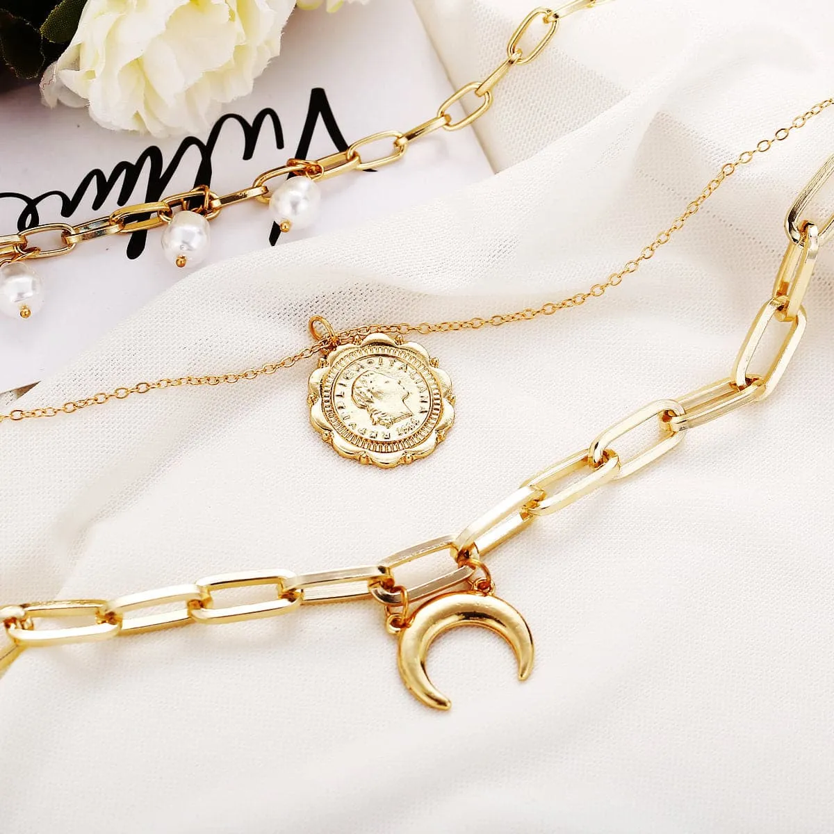 Pearl & 18K Gold-Plated Moon Coin Layer Necklace
