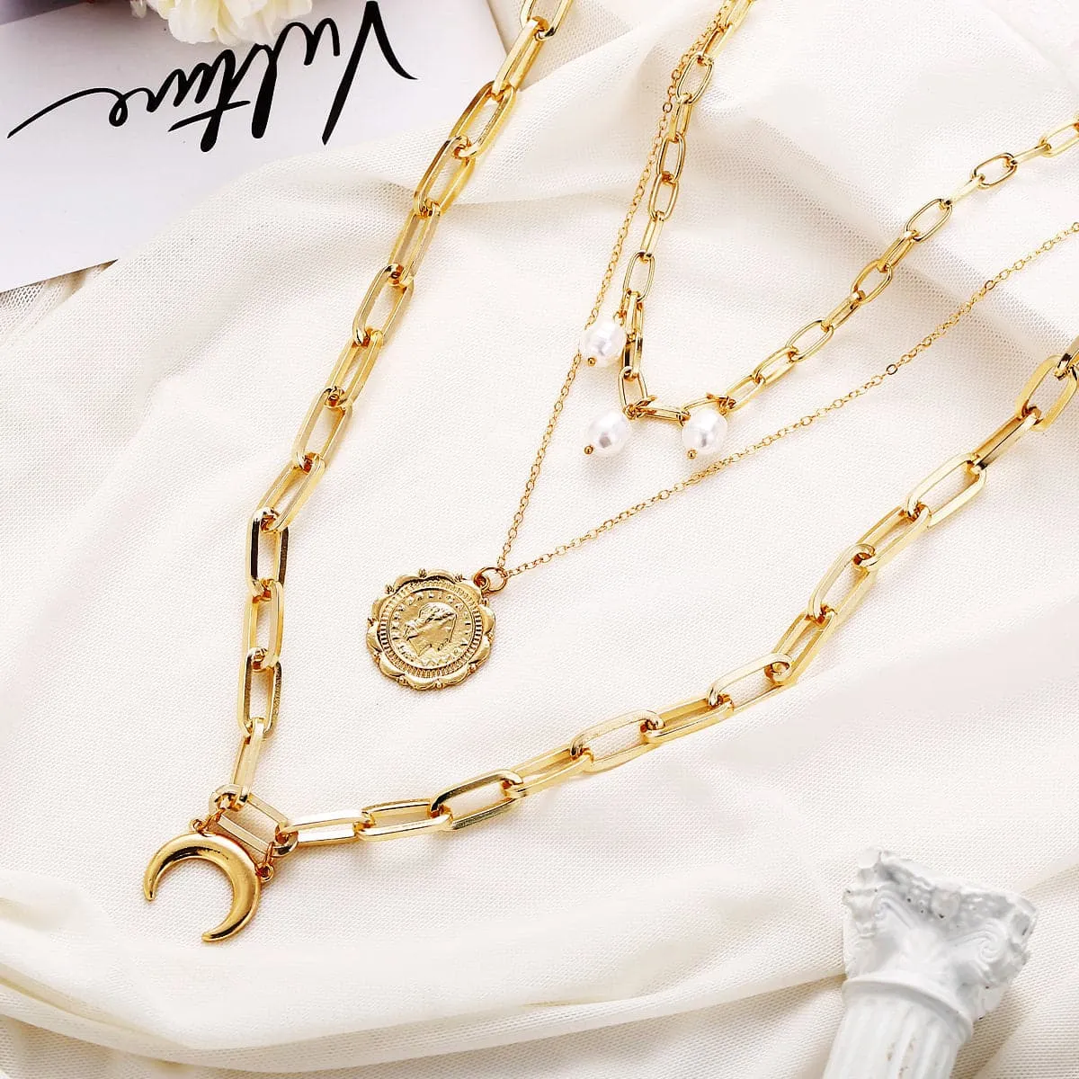 Pearl & 18K Gold-Plated Moon Coin Layer Necklace