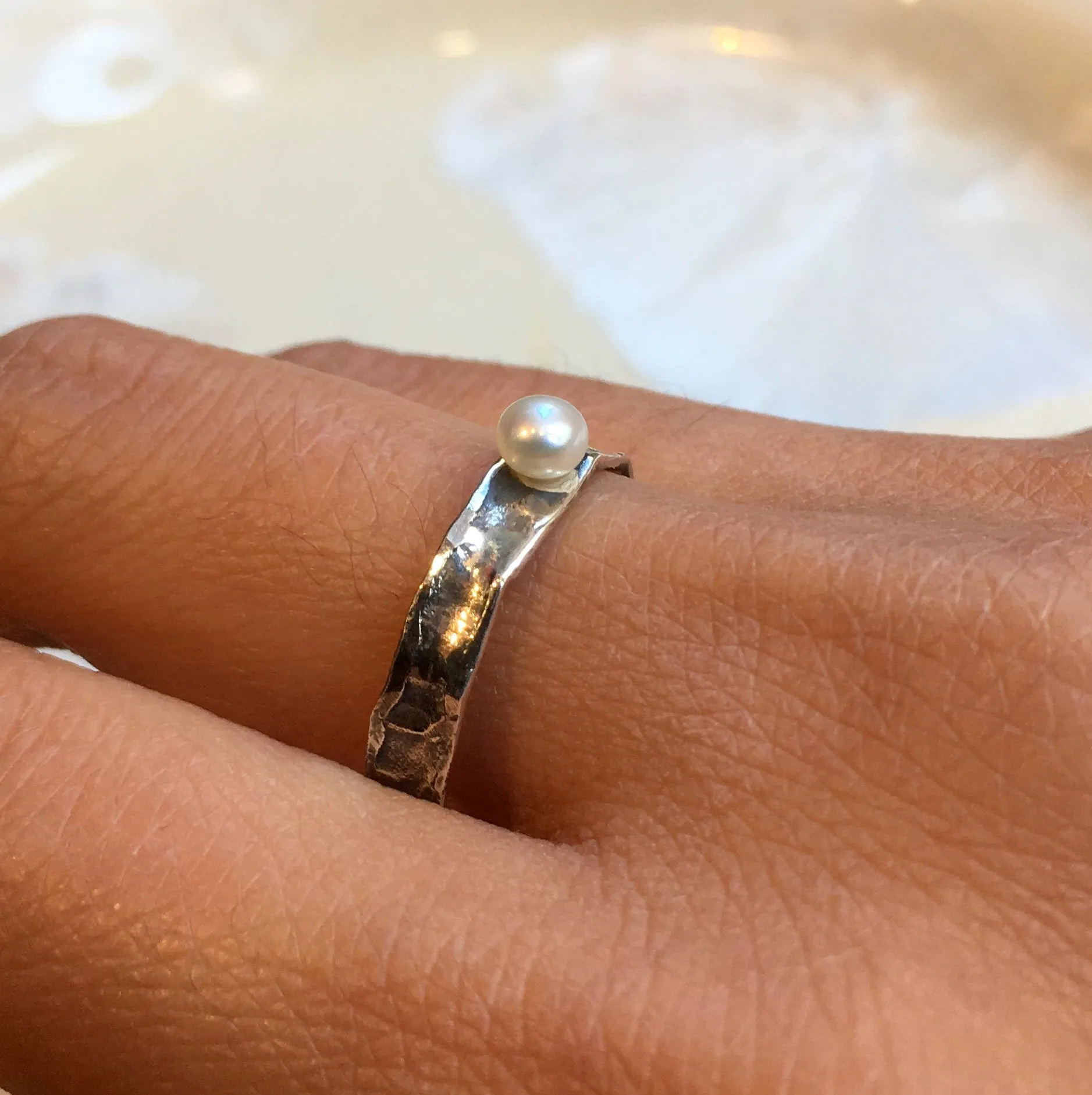 Pearl Golden Brass Ring - Tiny Love.