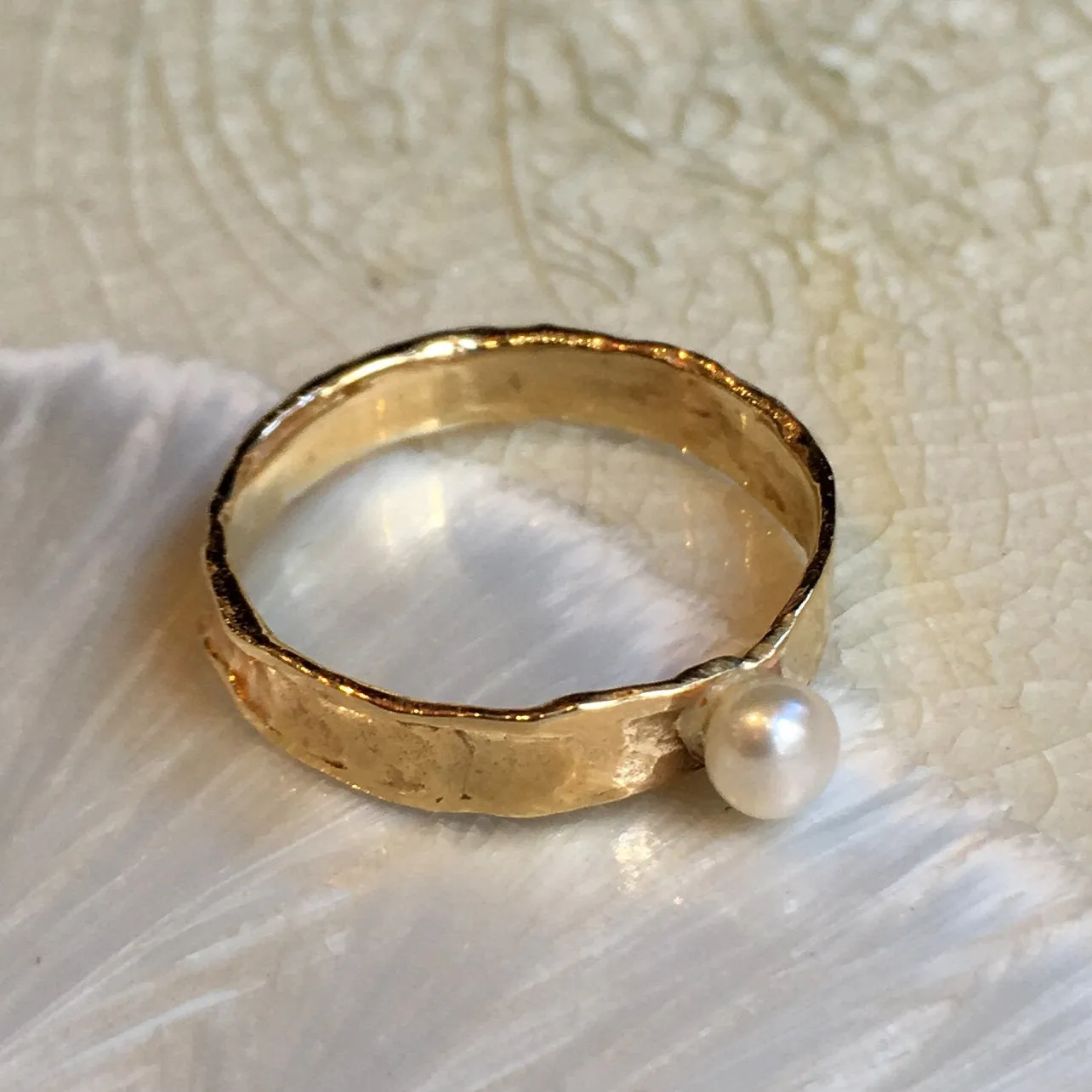 Pearl Golden Brass Ring - Tiny Love.