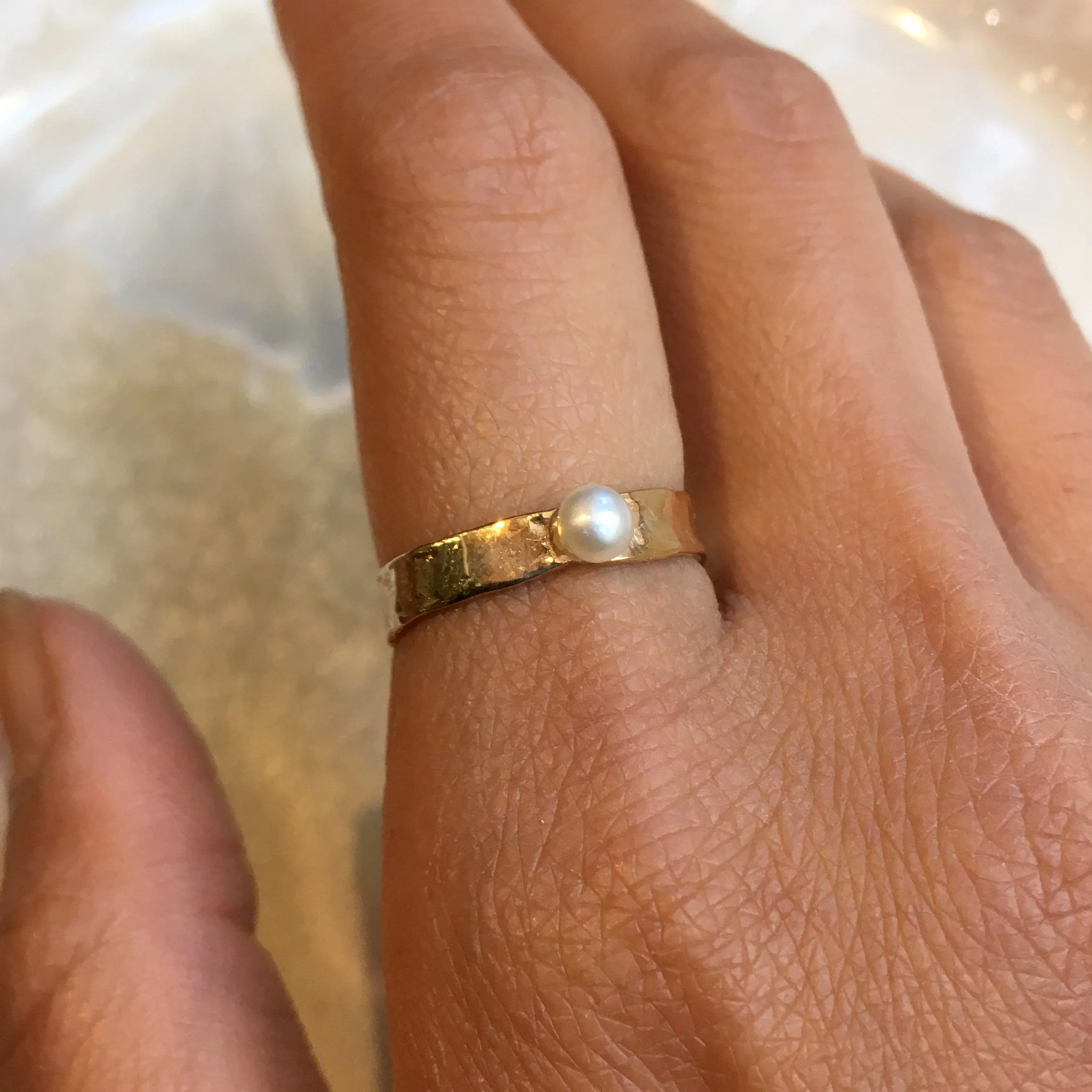 Pearl Golden Brass Ring - Tiny Love.