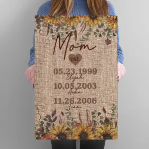Personalized Mom Established Family Name Canvas - Burlap & Sunflower Canvas Wall Art