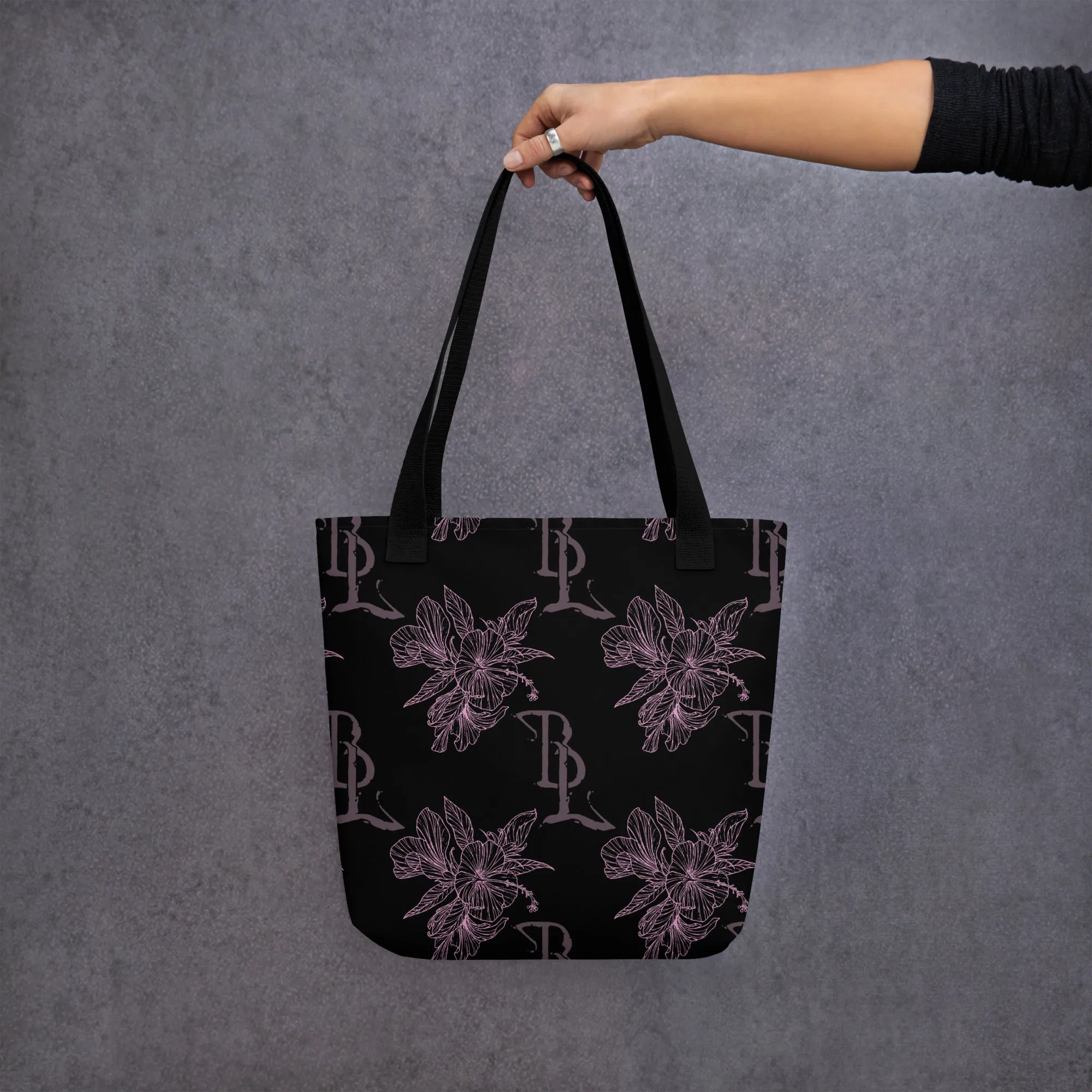 Pink Bibiscus Black Tote bag