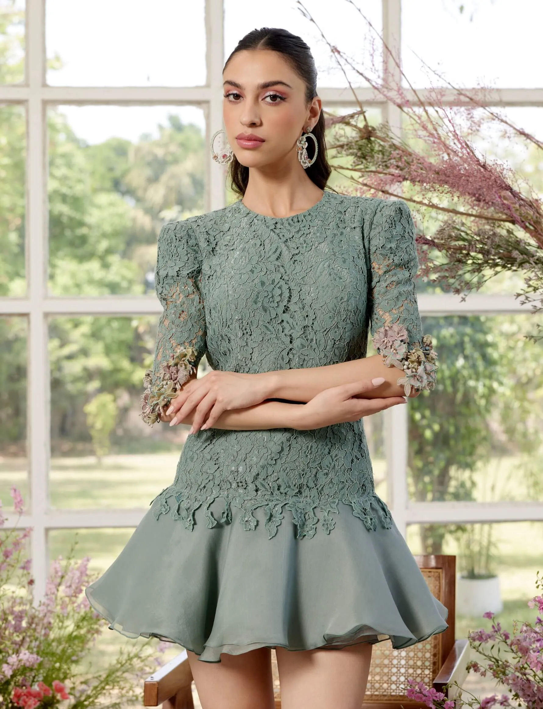 Portia crystals blue lace mini dress
