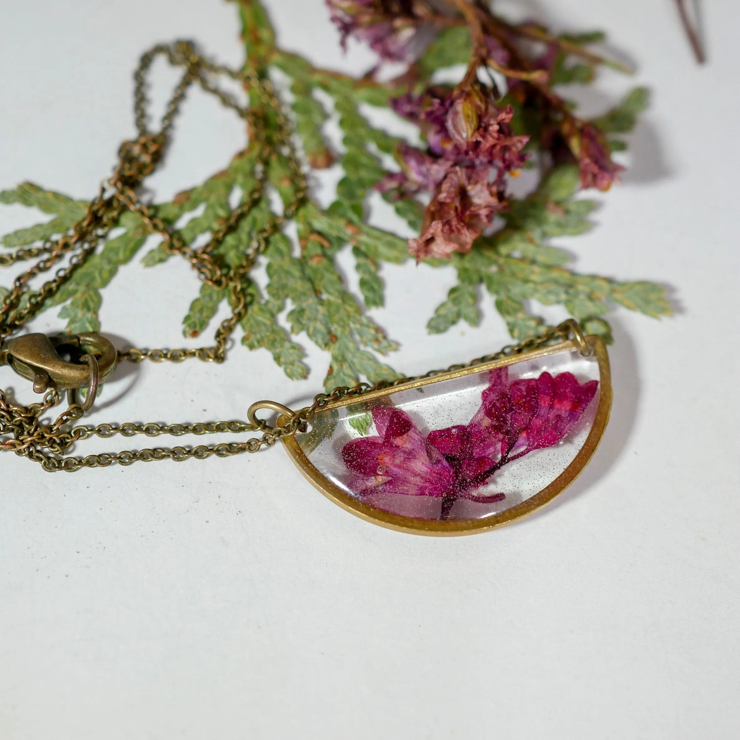 Pressed Coral Bells Half Moon Necklace