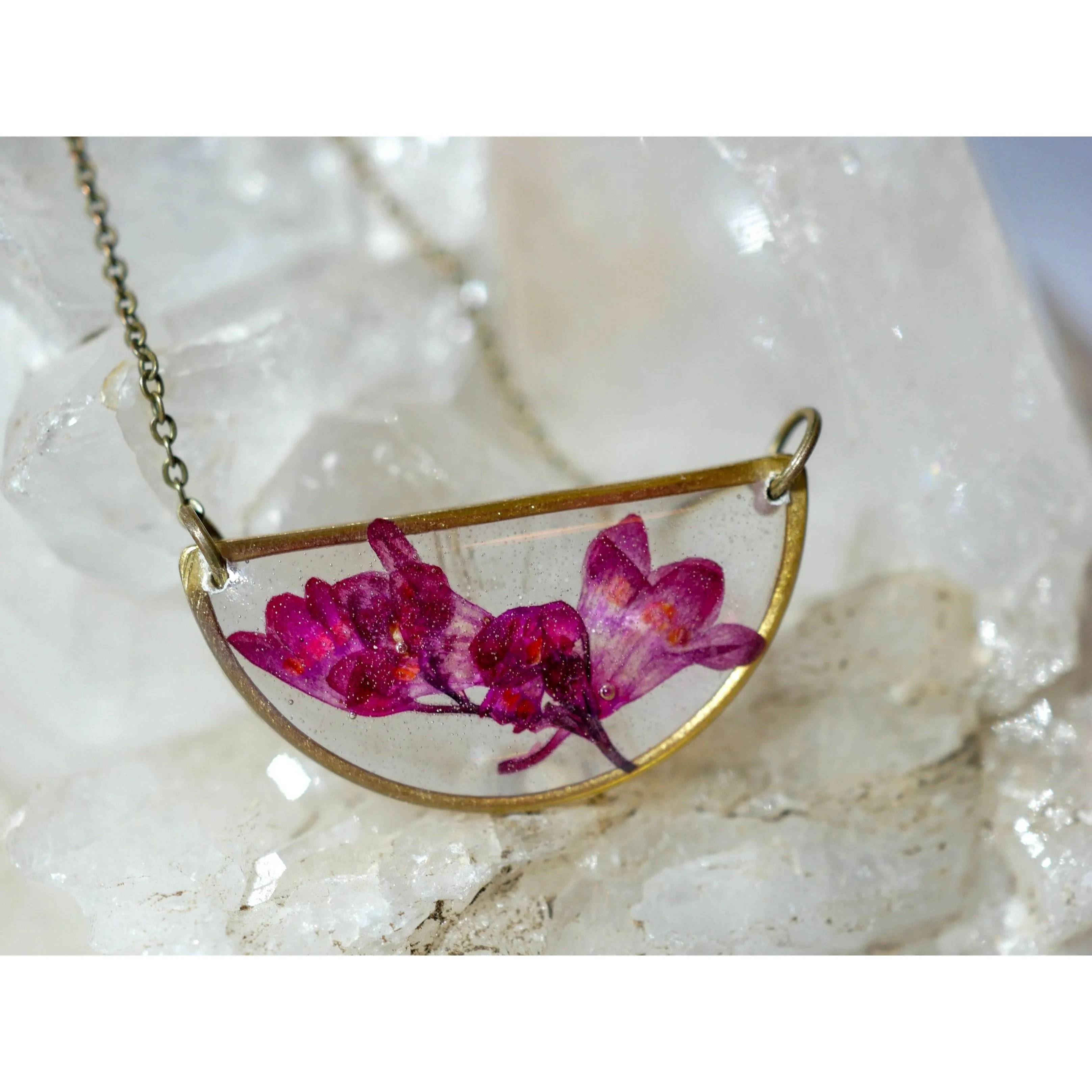 Pressed Coral Bells Half Moon Necklace