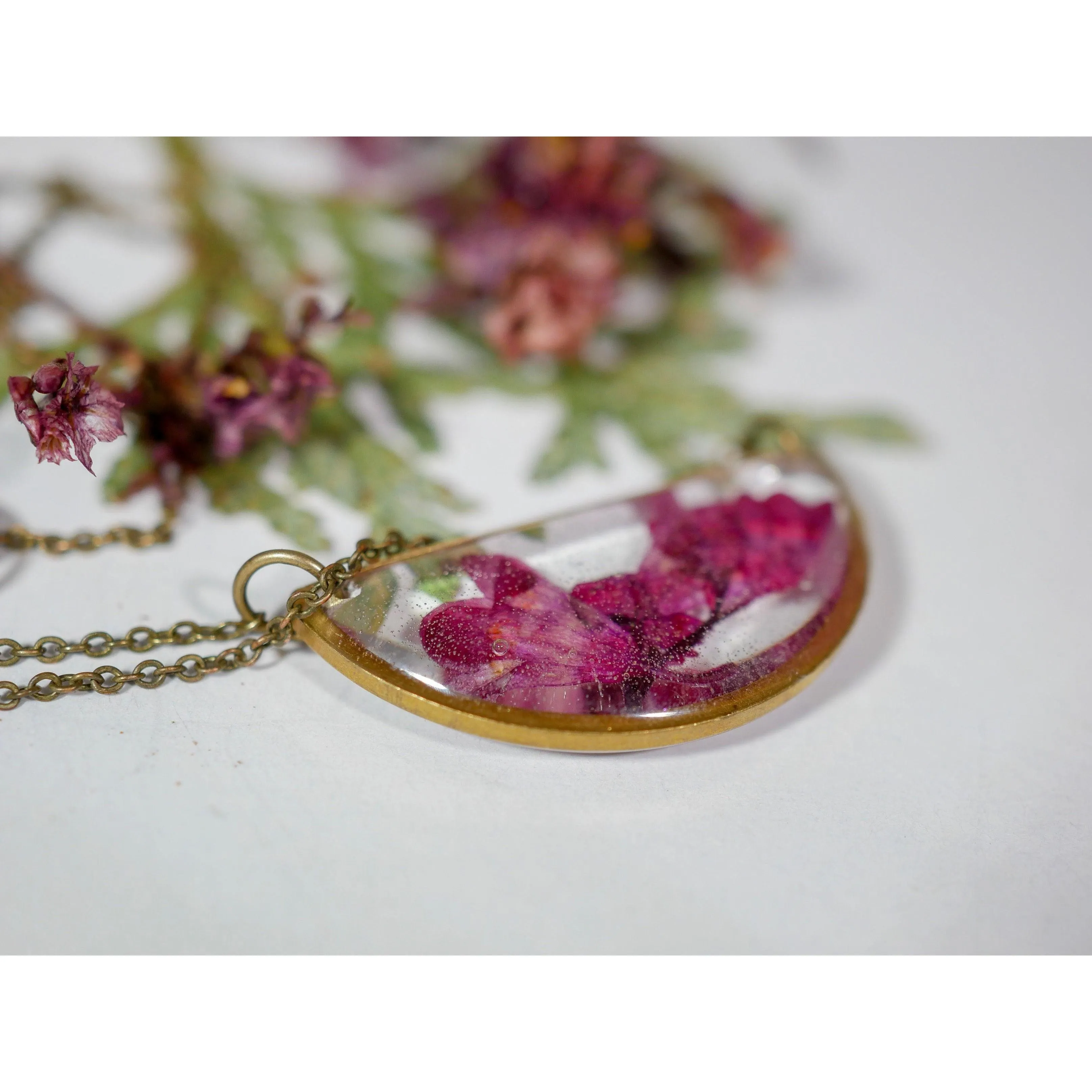Pressed Coral Bells Half Moon Necklace