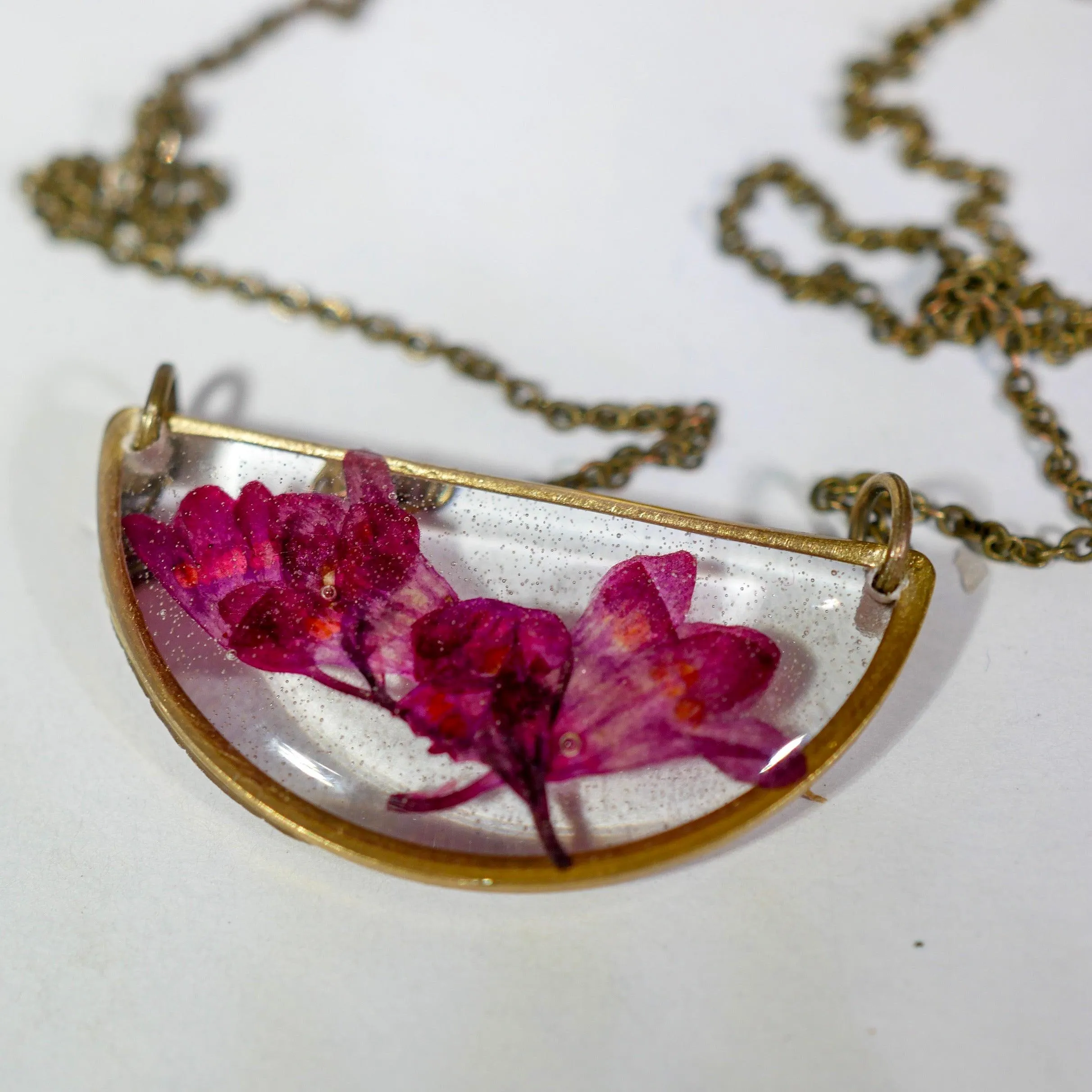 Pressed Coral Bells Half Moon Necklace