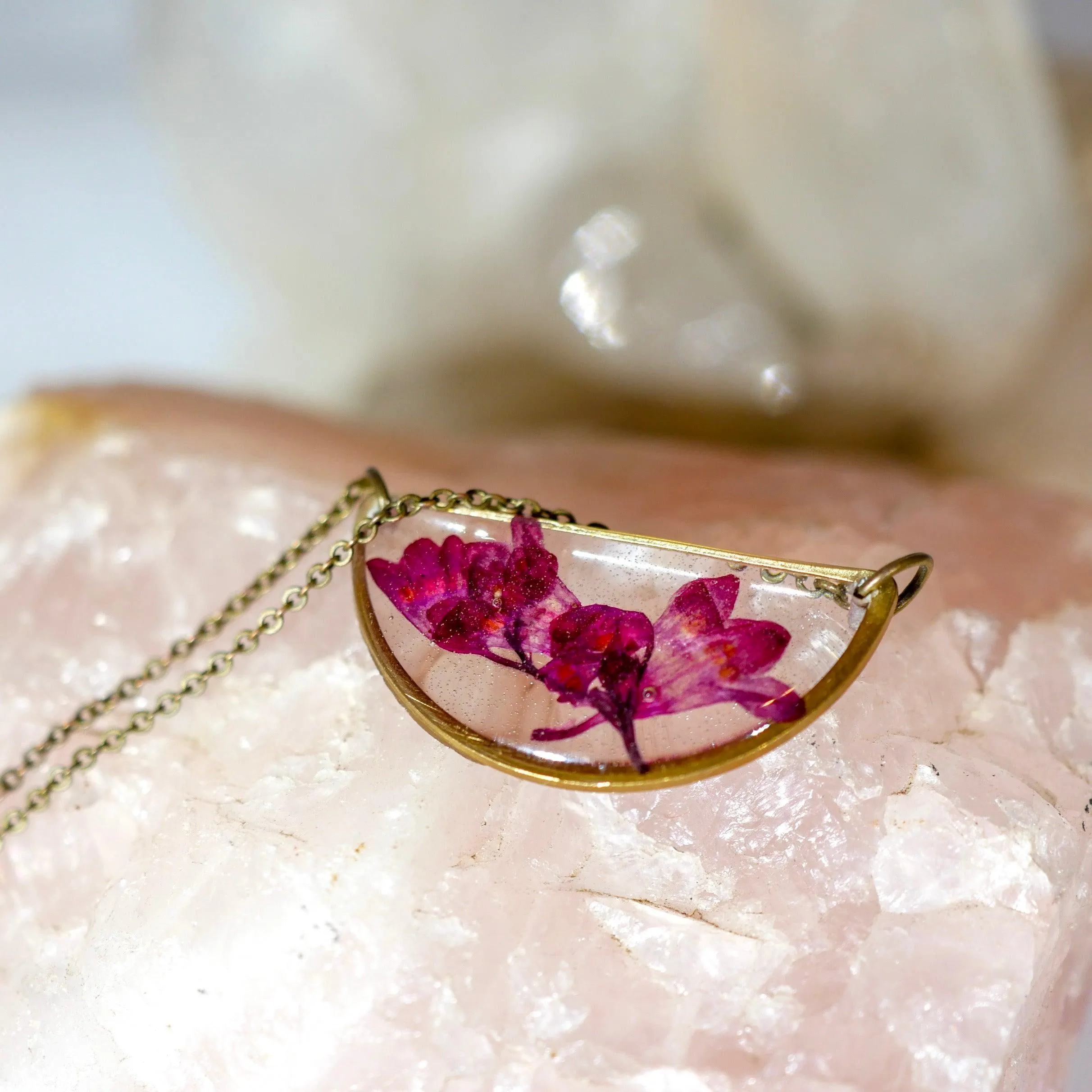 Pressed Coral Bells Half Moon Necklace