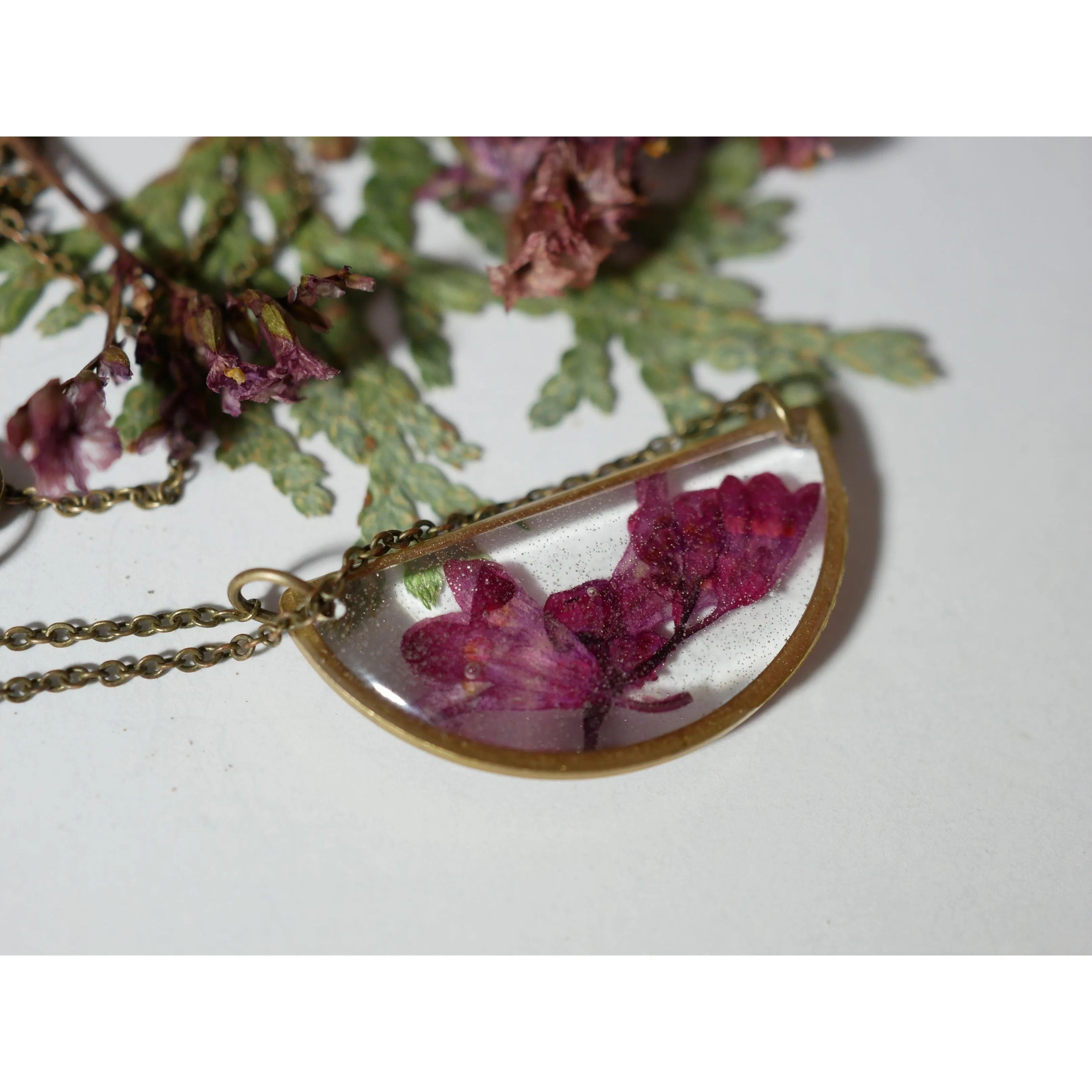 Pressed Coral Bells Half Moon Necklace