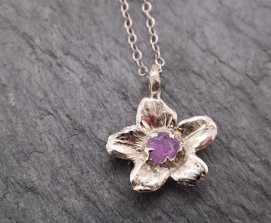 raw rough dainty sapphire white gold phlox flower pendant charm necklace flower hammered star by angeline 2049 Alternative Engagement