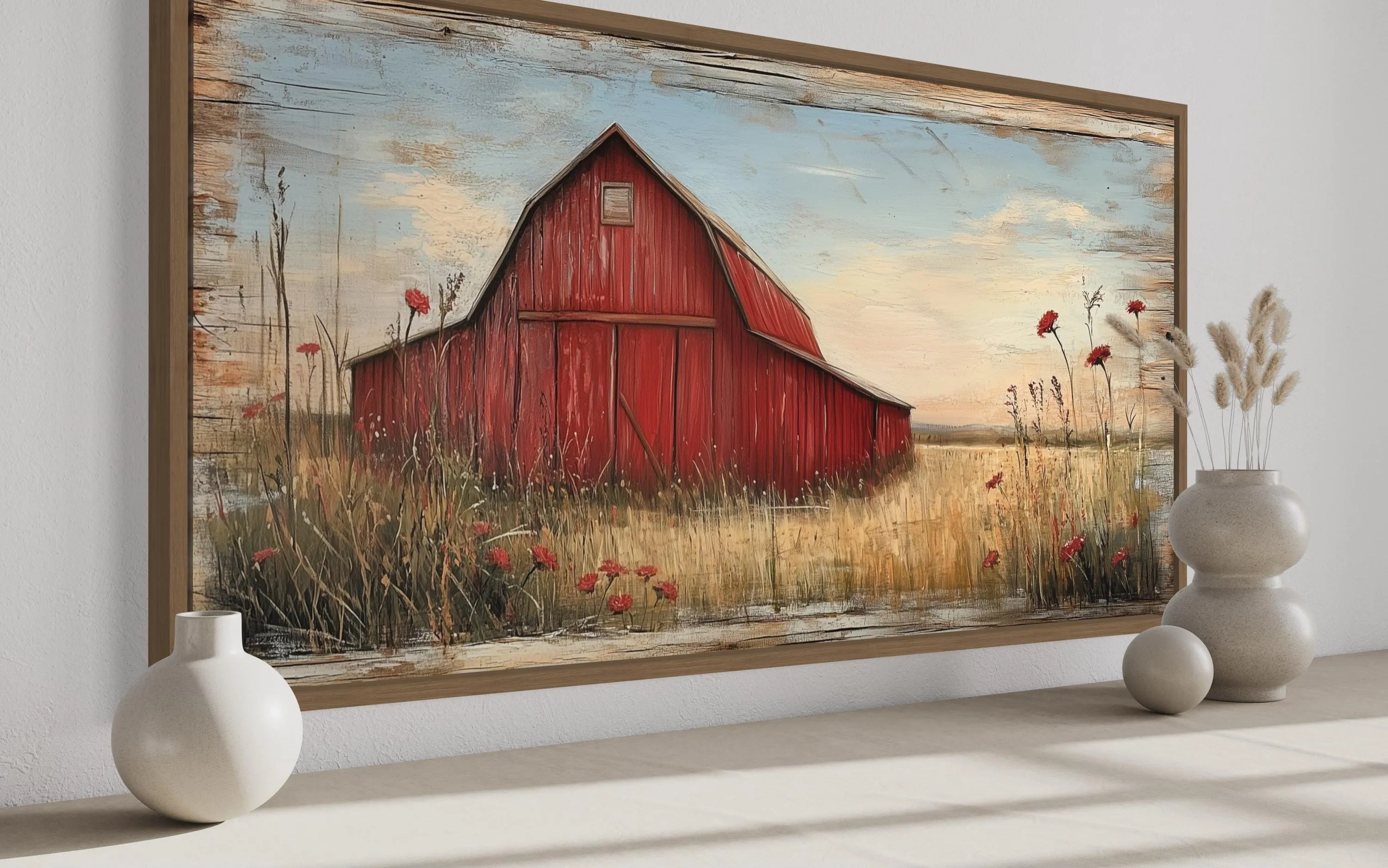 Red Barn On Weathered Wood Canvas Wall Art