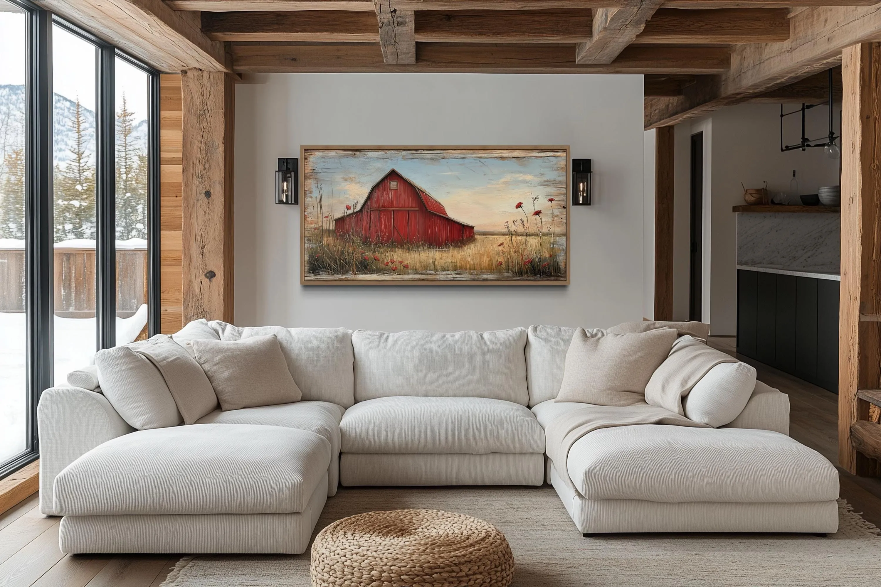 Red Barn On Weathered Wood Canvas Wall Art
