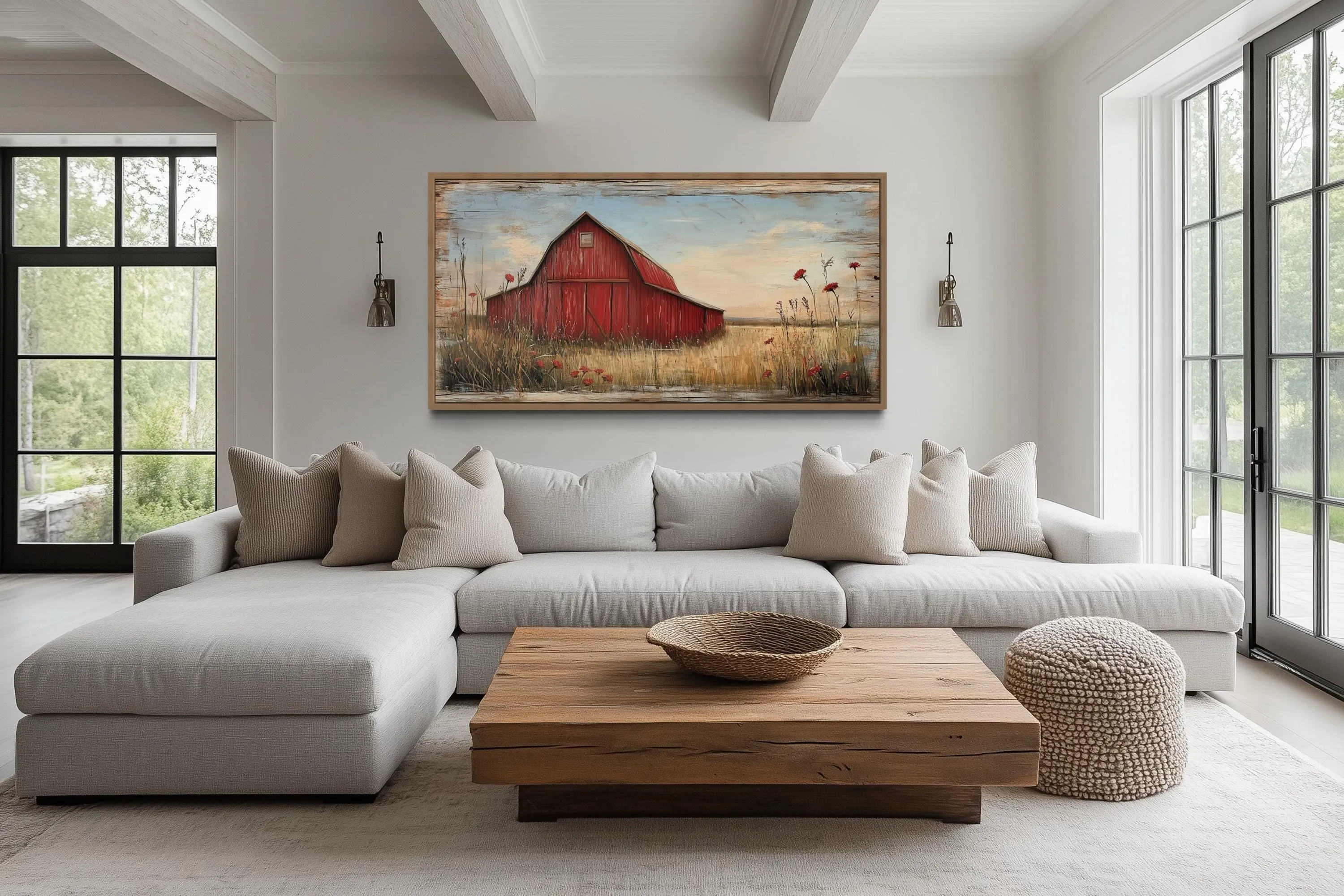 Red Barn On Weathered Wood Canvas Wall Art
