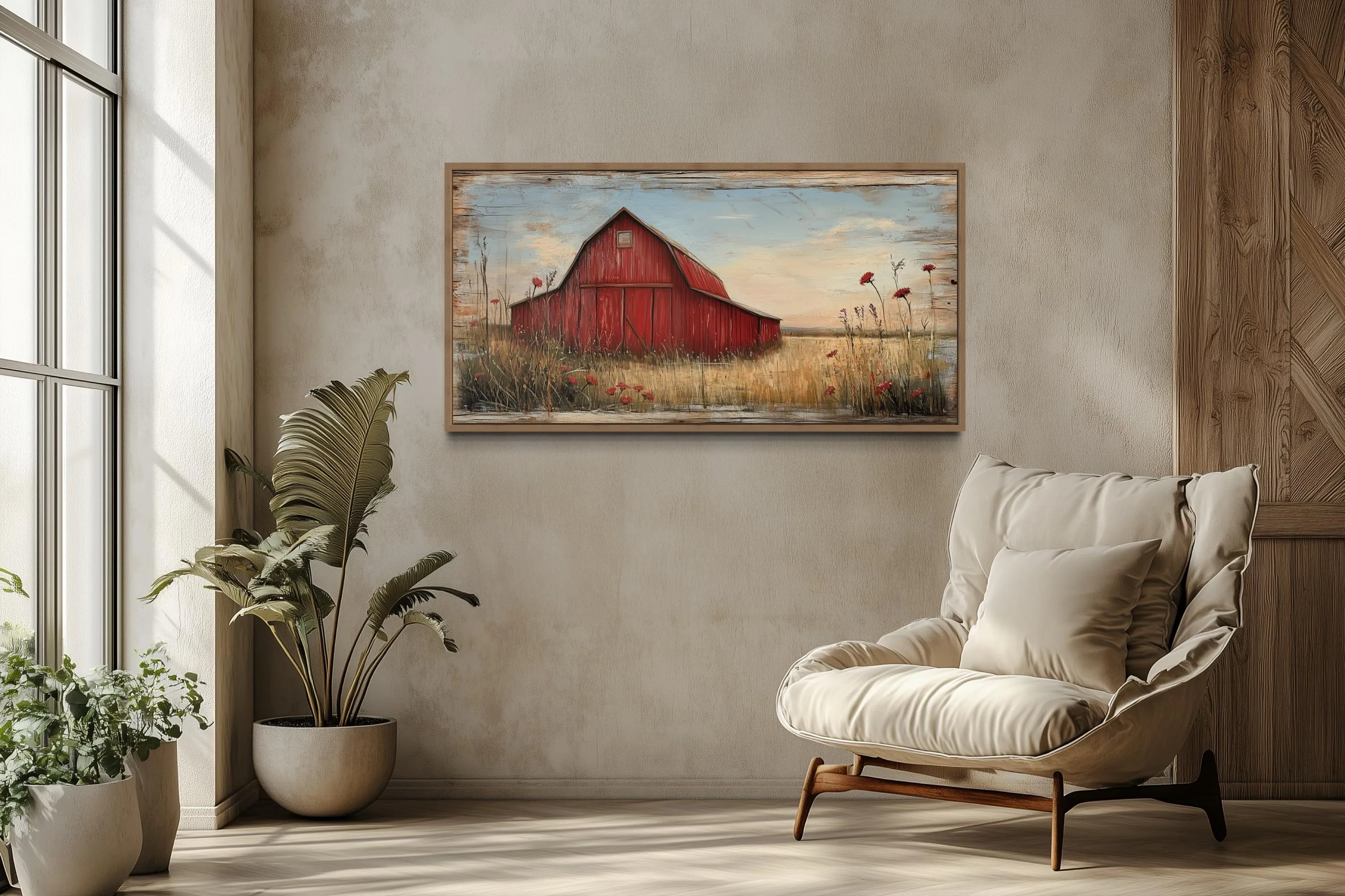 Red Barn On Weathered Wood Canvas Wall Art