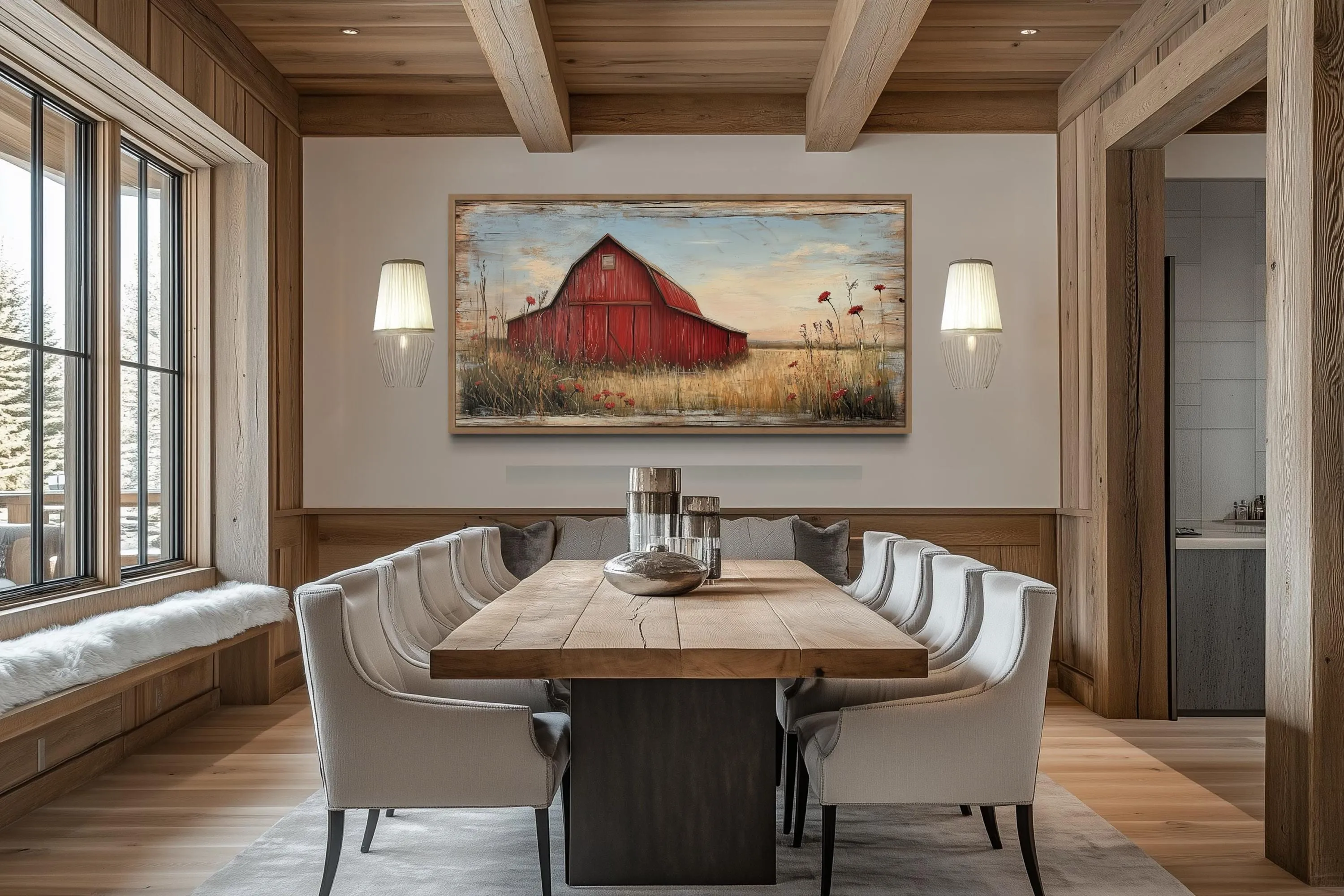 Red Barn On Weathered Wood Canvas Wall Art