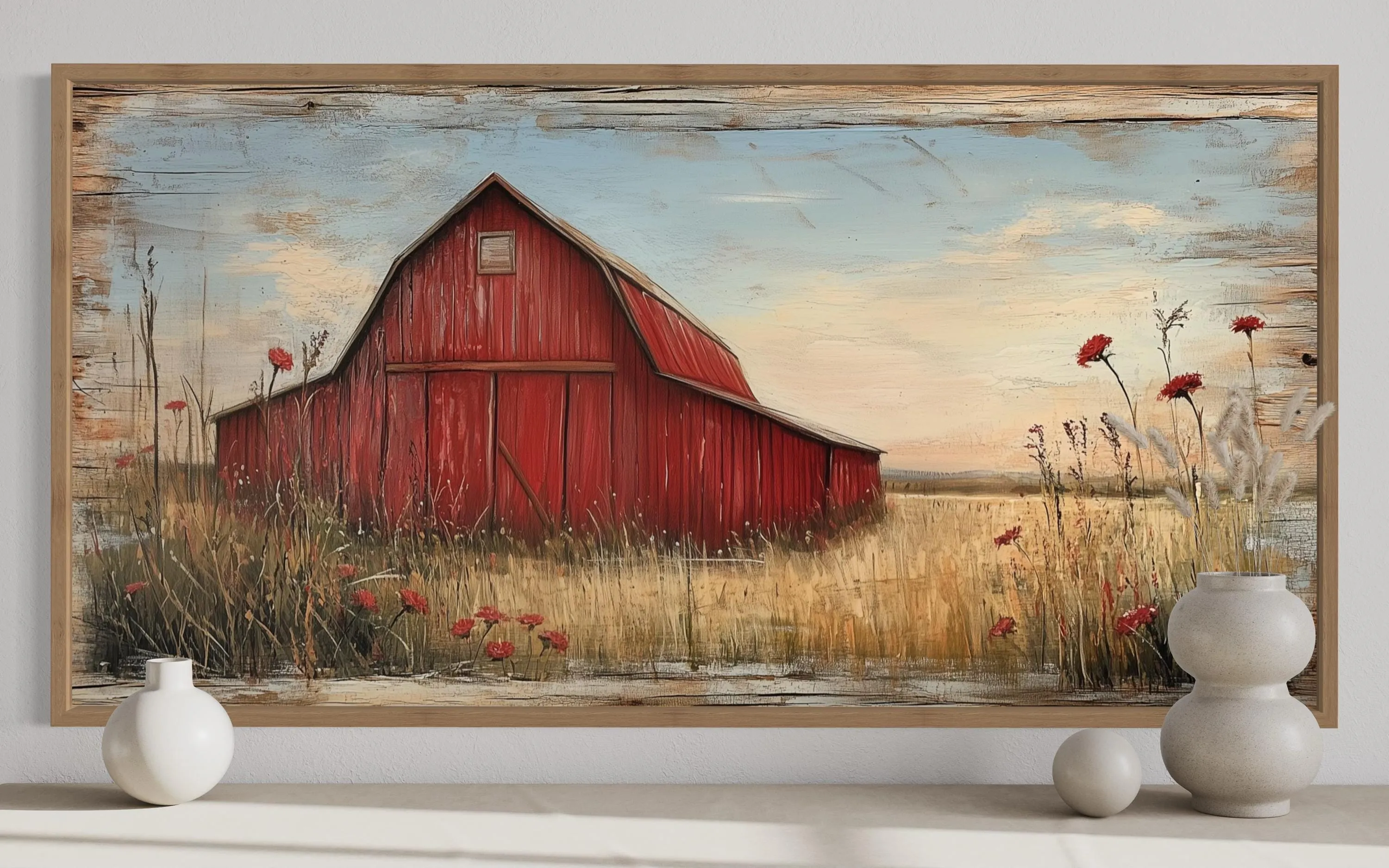 Red Barn On Weathered Wood Canvas Wall Art