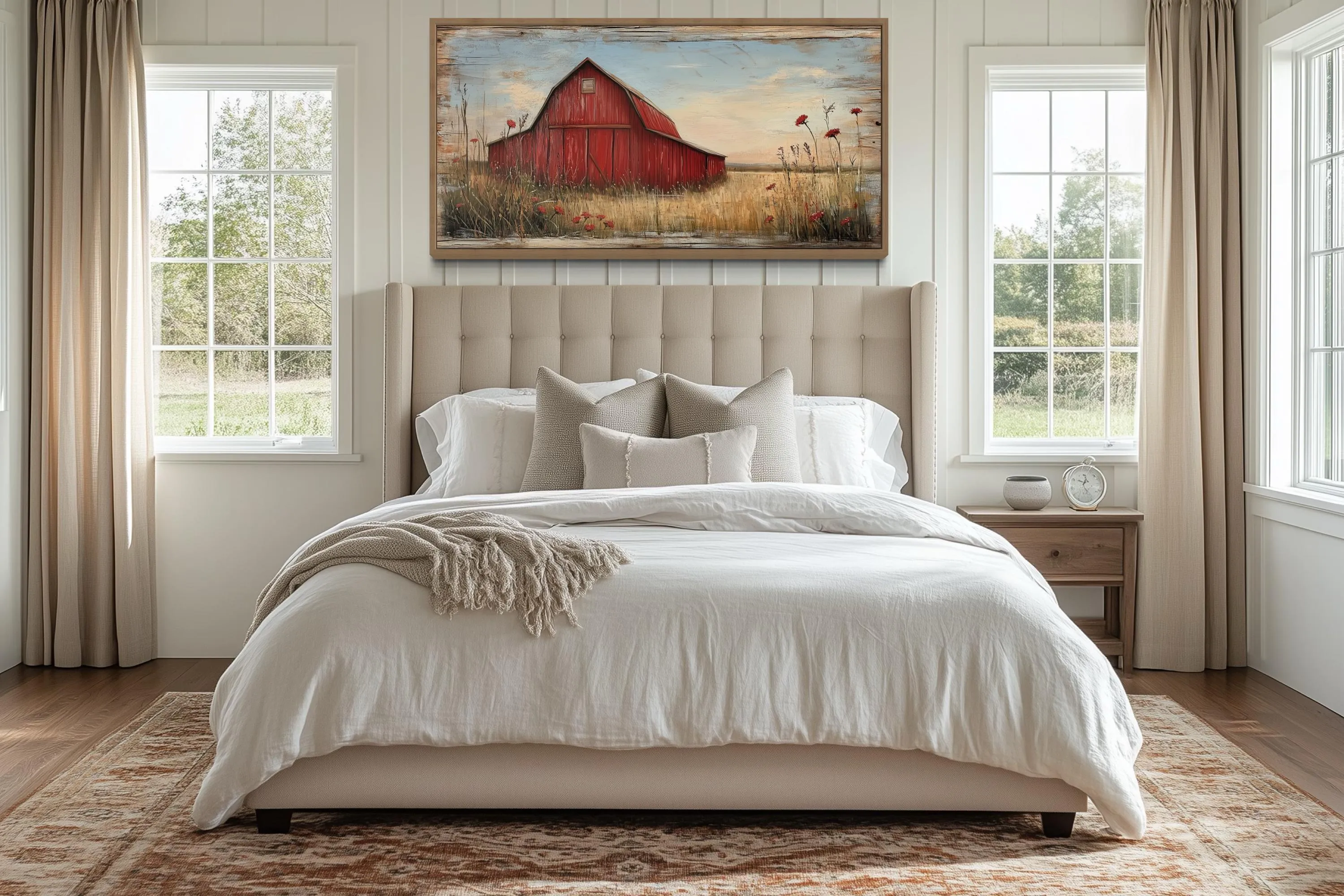 Red Barn On Weathered Wood Canvas Wall Art