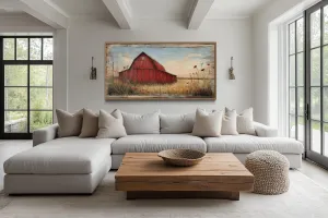 Red Barn On Weathered Wood Canvas Wall Art