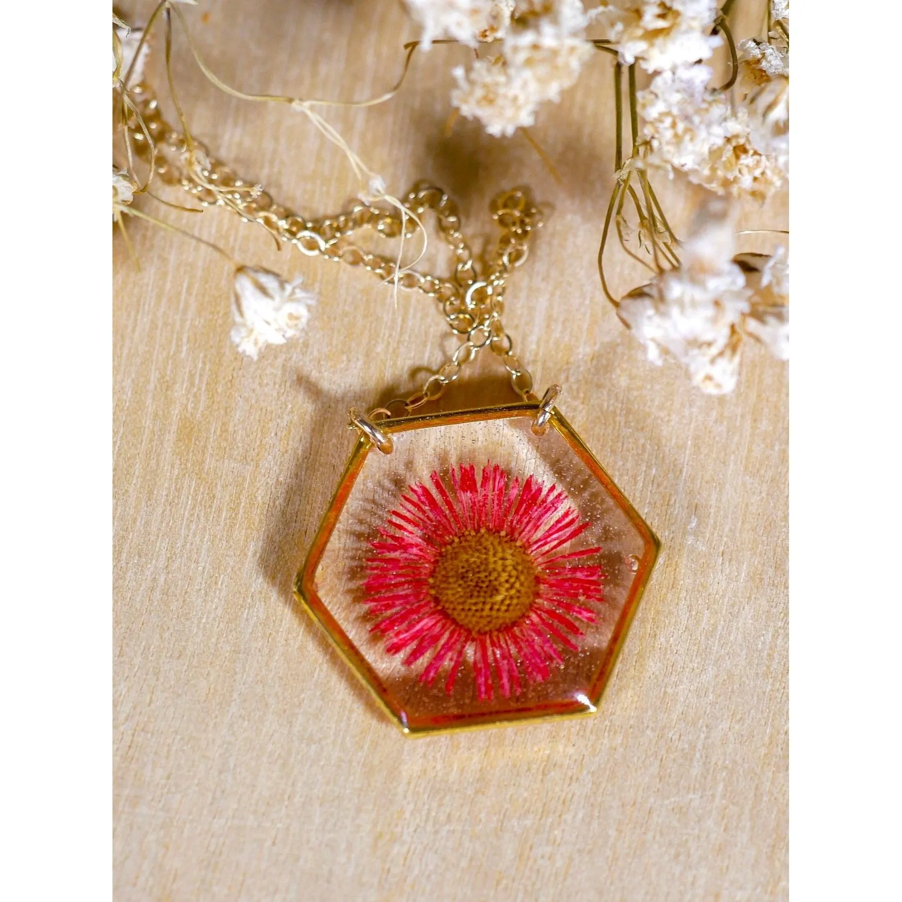 Red Fleabane hexagon necklace